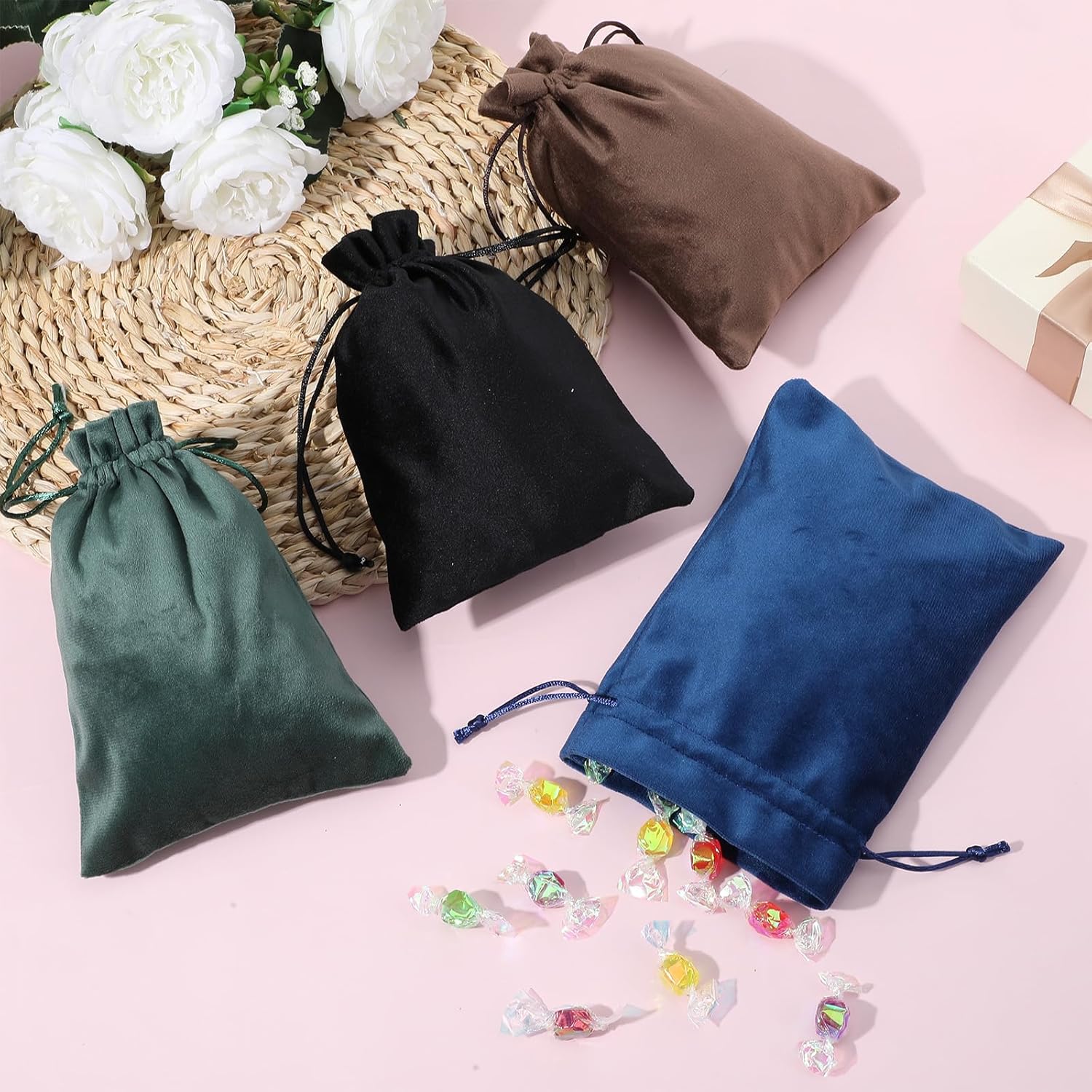 Shimmeroo 4PCS 7x5 Inch Drawstring Pouch, Soft Gift Bags Dice Bag Drawstring Favor Bags for Tarot Rune Jewelry Crystal Wedding Party Candy Bag(4 Colors) - Image 3