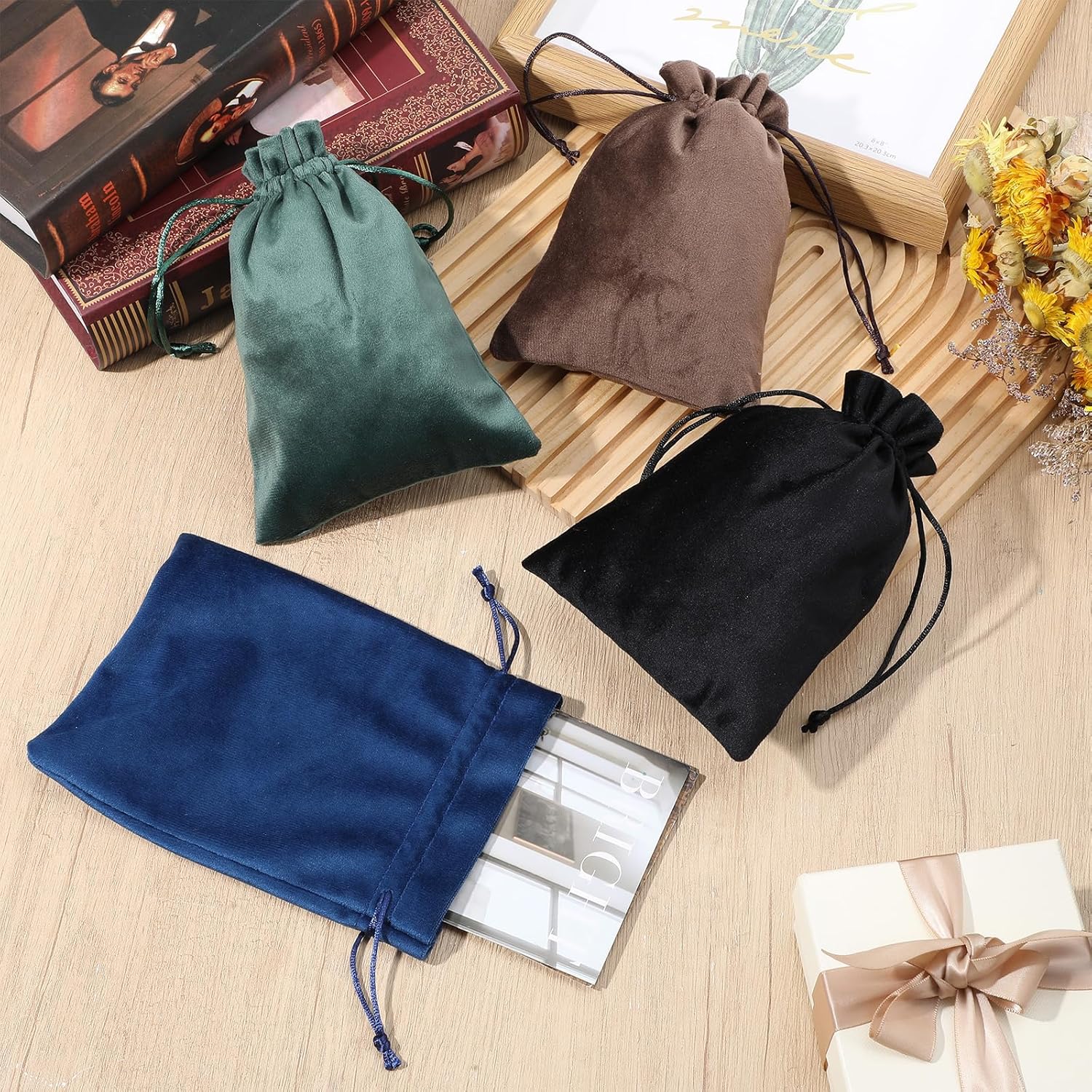 Shimmeroo 4PCS 7x5 Inch Drawstring Pouch, Soft Gift Bags Dice Bag Drawstring Favor Bags for Tarot Rune Jewelry Crystal Wedding Party Candy Bag(4 Colors) - Image 5