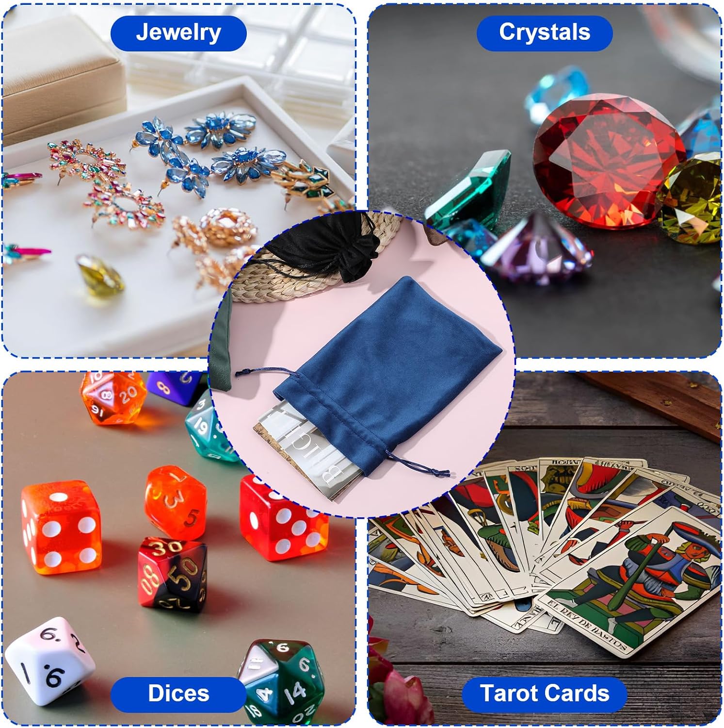 Shimmeroo 4PCS 7x5 Inch Drawstring Pouch, Soft Gift Bags Dice Bag Drawstring Favor Bags for Tarot Rune Jewelry Crystal Wedding Party Candy Bag(4 Colors) - Image 6