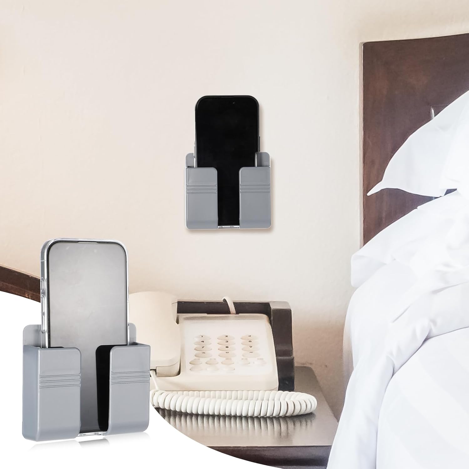 2 Pcs Wall Mount Phone Holder Self Adhesive Phone Shelf with Data Cable Receiving Hole, Grey Charger Remote Control Storage Box, Cell Cradle Bedside Organizer Remote Control Stand for Home Office - Image 3