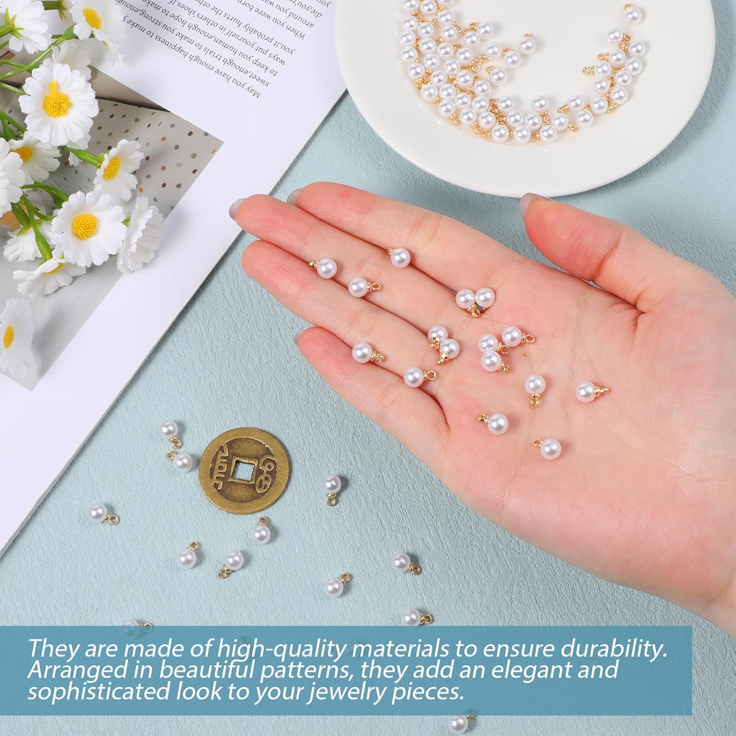 Vin Beauty Pearl Charms, 100 Pcs Pearl Charms for Jewelry Making, Pearls Beads Faux Pearls Pendant Charm DIY for Jewelry Making Bracelets Earrings Necklace Crafts - Image 2