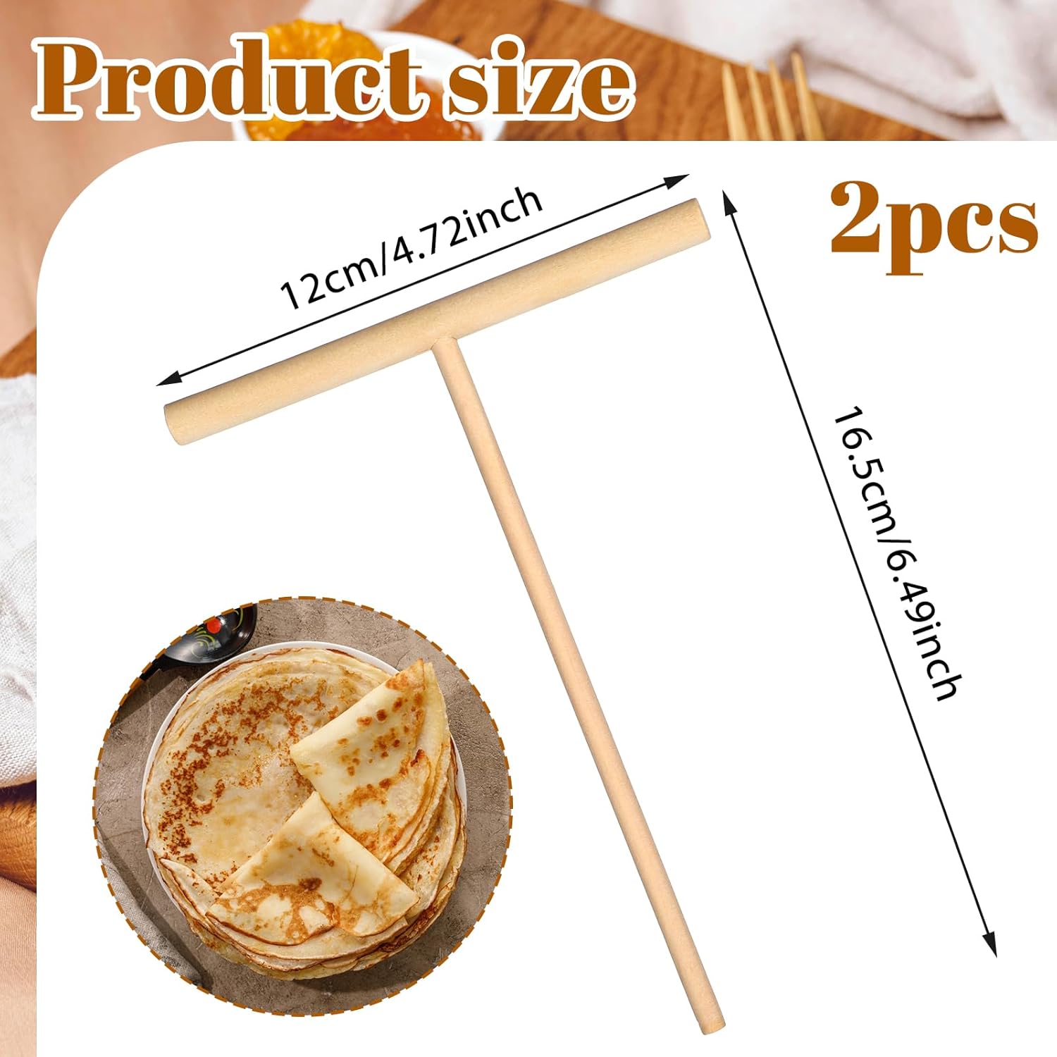 2 Pcs Crepe Spreader 6.1 Inches x 4.7 Inches Natural Wooden Crepe Spatula, Pancake Batter Spreader, Wooden T-Shaped Tool Stick for Crepes Wood Crepes Maker Pancake Maker Tool - Image 1