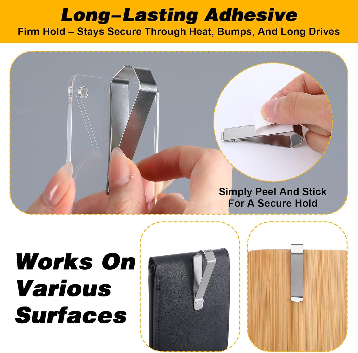 4 Pack Car Sun Visor Photo Clips, Stainless Steel Sun Visor Clips for Car with Adhesive Clip Mounting Kit for Custom Displays (Photo Frames Not Included), Strong Hold Accessory for Cars, Home & Office - Image 2