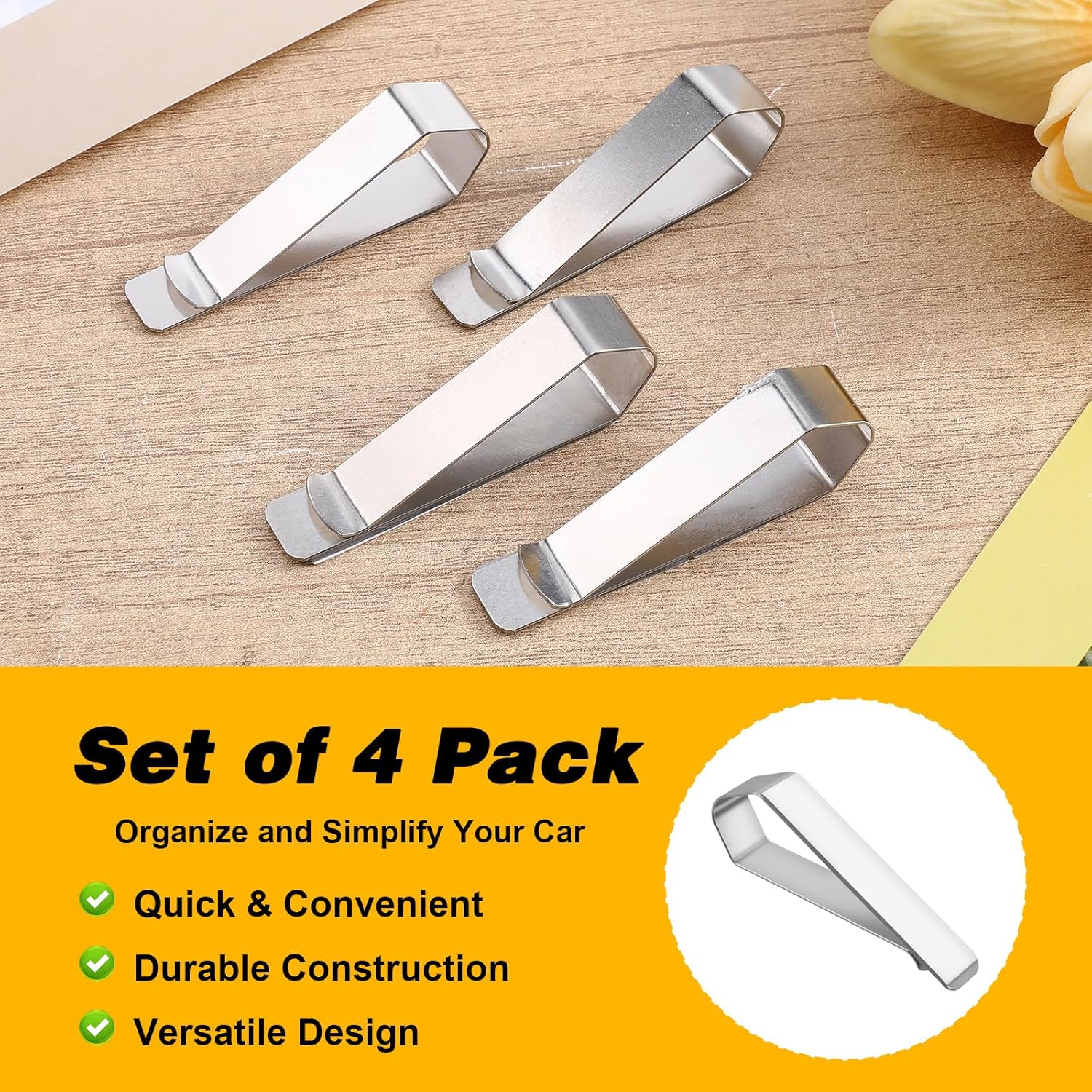 4 Pack Car Sun Visor Photo Clips, Stainless Steel Sun Visor Clips for Car with Adhesive Clip Mounting Kit for Custom Displays (Photo Frames Not Included), Strong Hold Accessory for Cars, Home & Office - Image 3