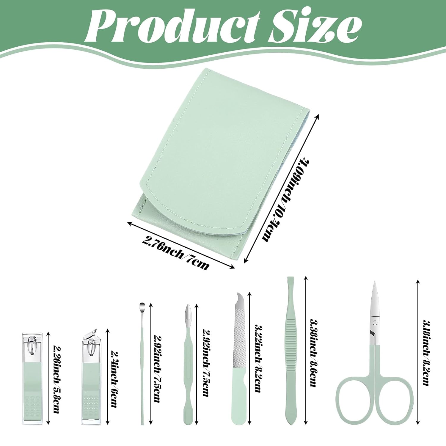 7Pcs Nail Cleaning Kit Professional Travel Nail Clippers with Green Leather Bag, Stainless Steel Manicure Kitcare Tools Grooming for Women Men - Image 1