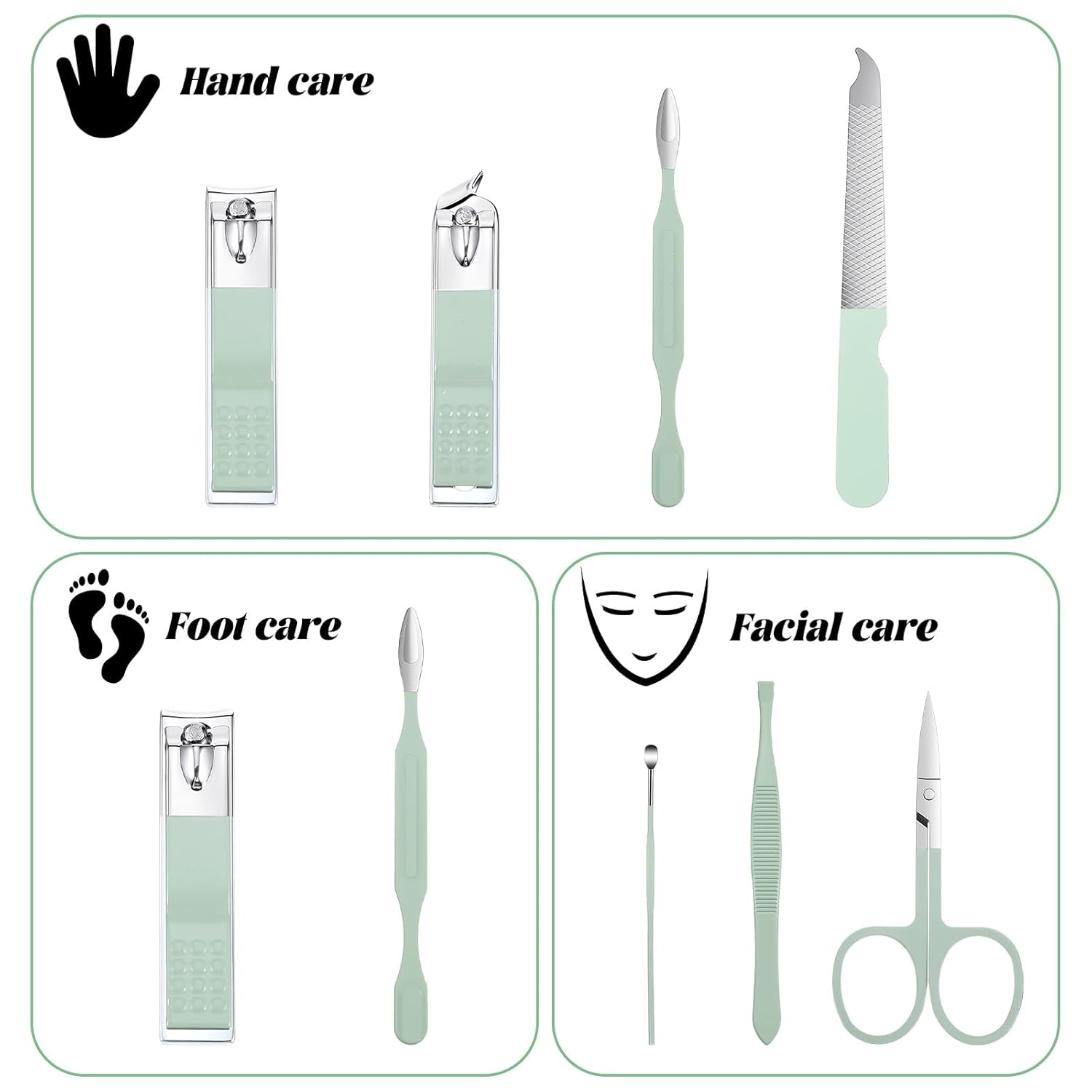 7Pcs Nail Cleaning Kit Professional Travel Nail Clippers with Green Leather Bag, Stainless Steel Manicure Kitcare Tools Grooming for Women Men - Image 2
