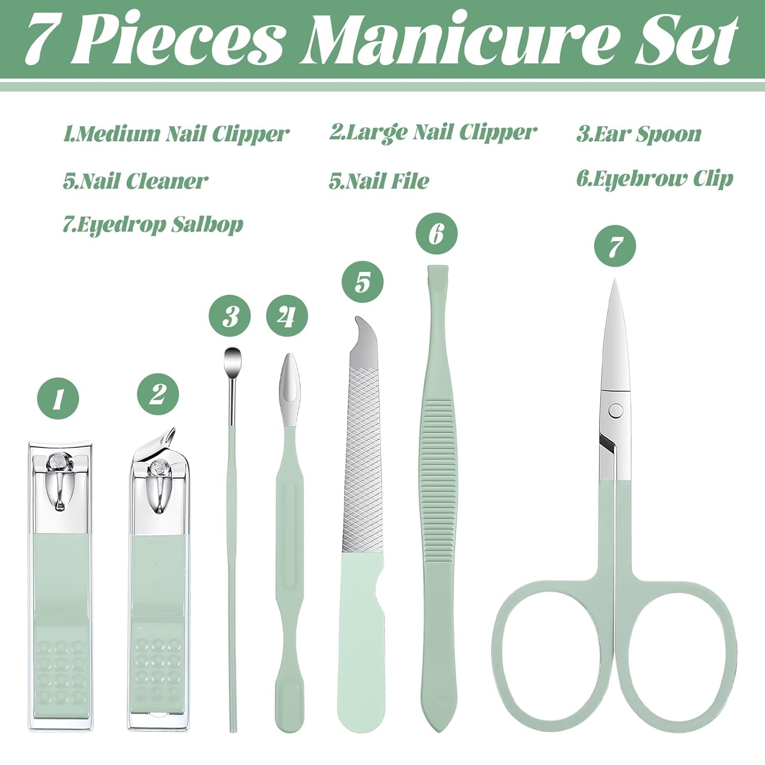 7Pcs Nail Cleaning Kit Professional Travel Nail Clippers with Green Leather Bag, Stainless Steel Manicure Kitcare Tools Grooming for Women Men - Image 3