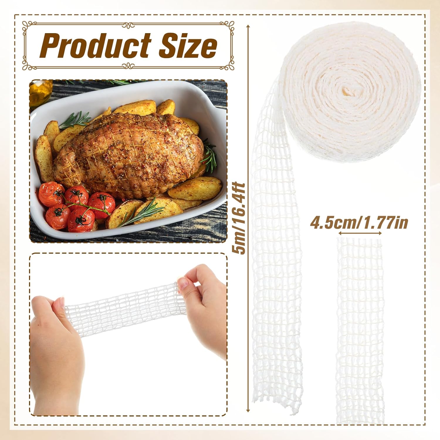 16.4ft Meat Netting, Size 18 Meat Netting Roll Elastic Smoked Meat Poultry Ham Netting Meat Butcher Twine Net Wrapping Net for Meat Cooking, Drying - Image 1