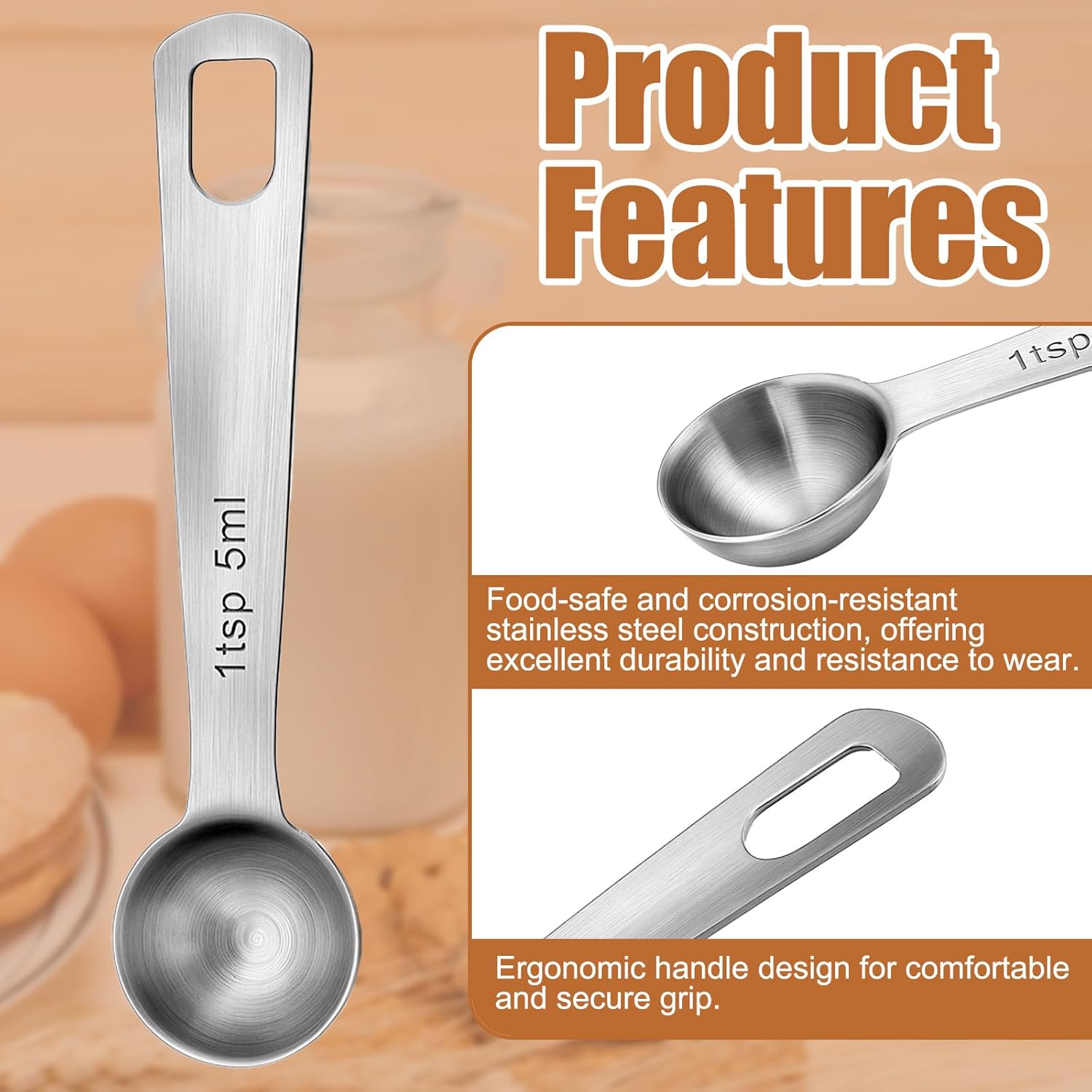 1 Teaspoon Measuring Spoons 3 Pcs Stainless Steel 5ml Small Mini Teaspoon Metal Measuring Spoons for Kitchen Cooking Kitchen CookingSpoon CoffeeSpoon, CreatineSpoon, SteelScoopers Protein Teaspoons - Image 2