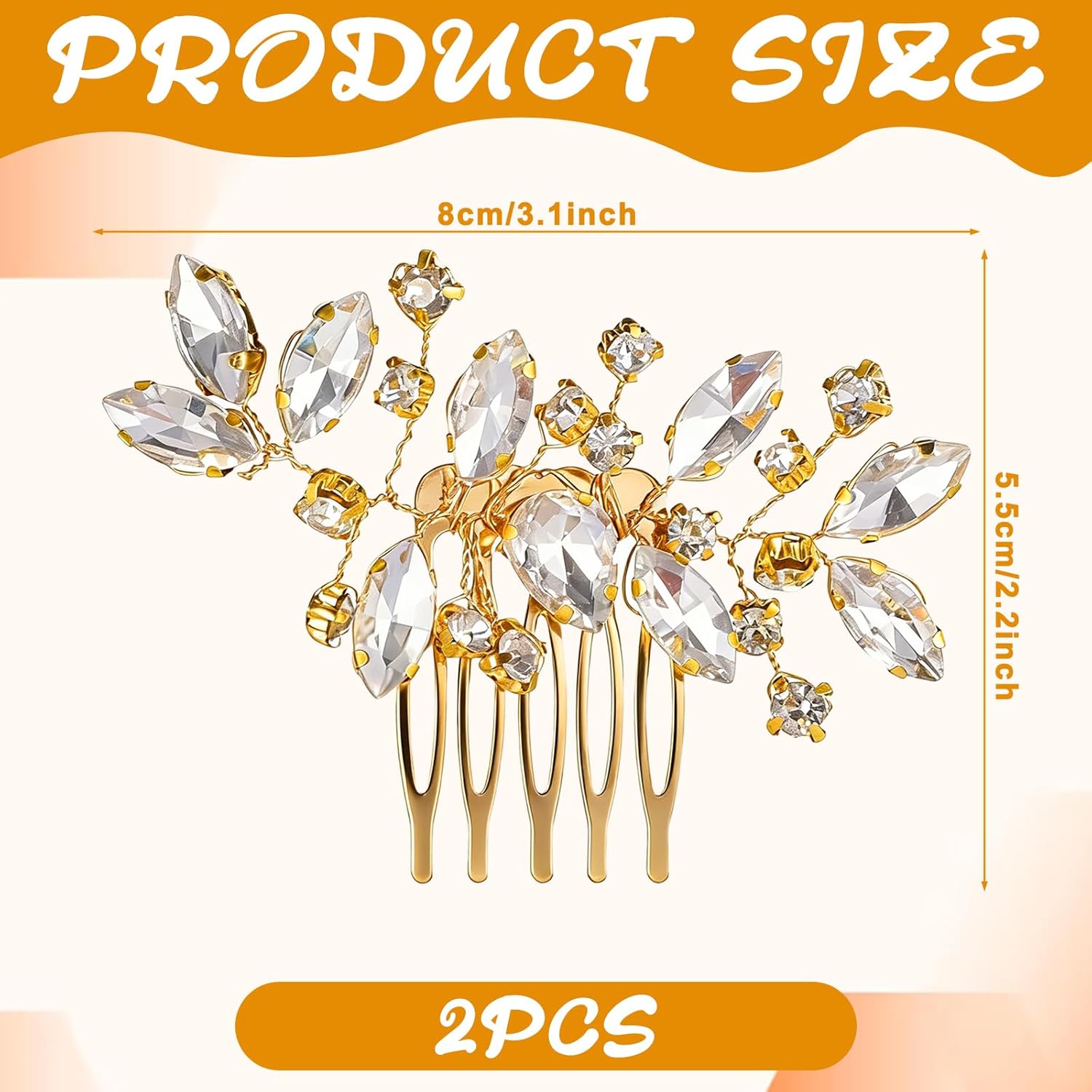 2 Pcs Bridal Hair Comb Gold Hair Piece Accessory Gold Rhinestone Hairs Accessories Golden Hairs Piece Sparkle Metal Crystal Accessories for Bride Bridesmaids Women Girls - Image 1