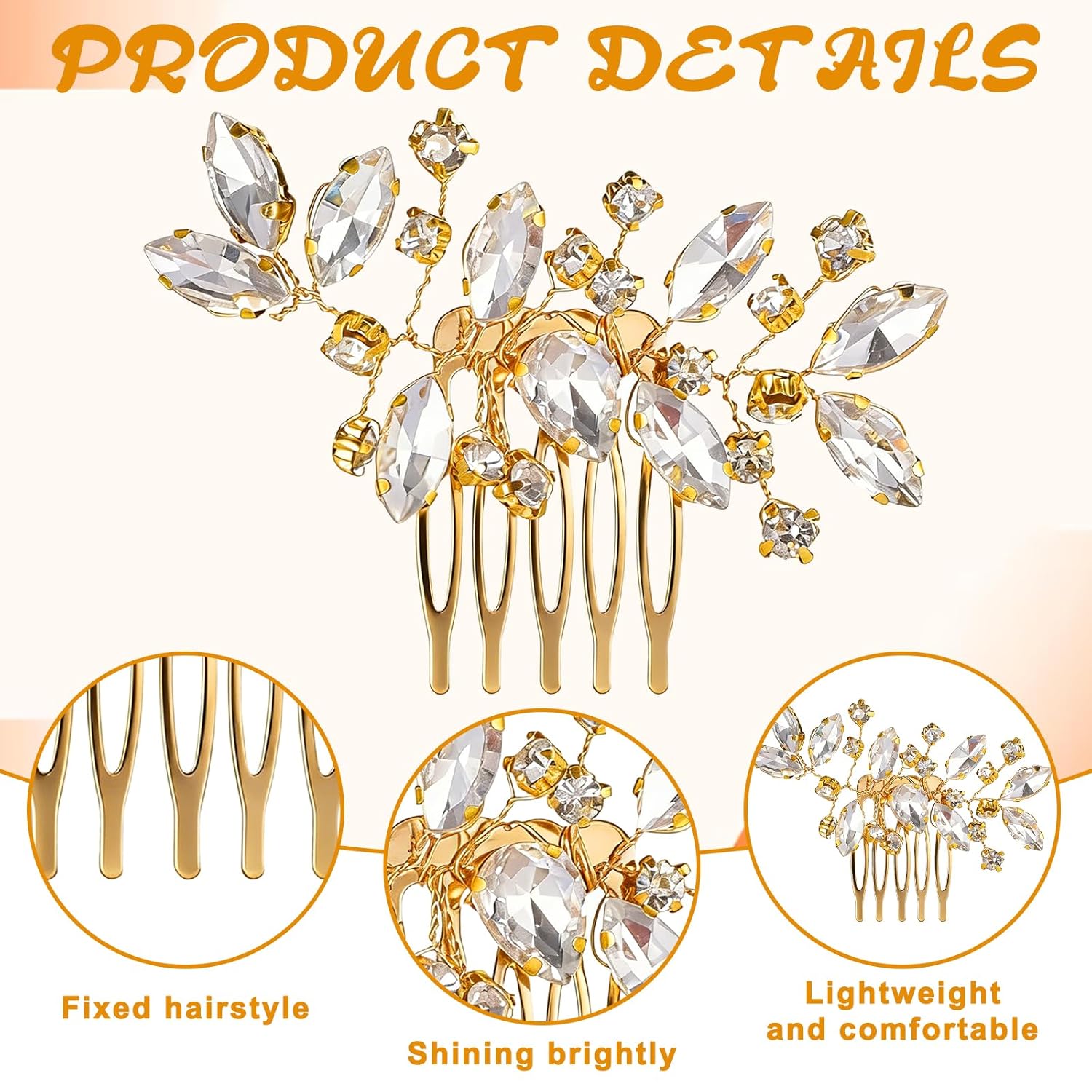 2 Pcs Bridal Hair Comb Gold Hair Piece Accessory Gold Rhinestone Hairs Accessories Golden Hairs Piece Sparkle Metal Crystal Accessories for Bride Bridesmaids Women Girls - Image 2