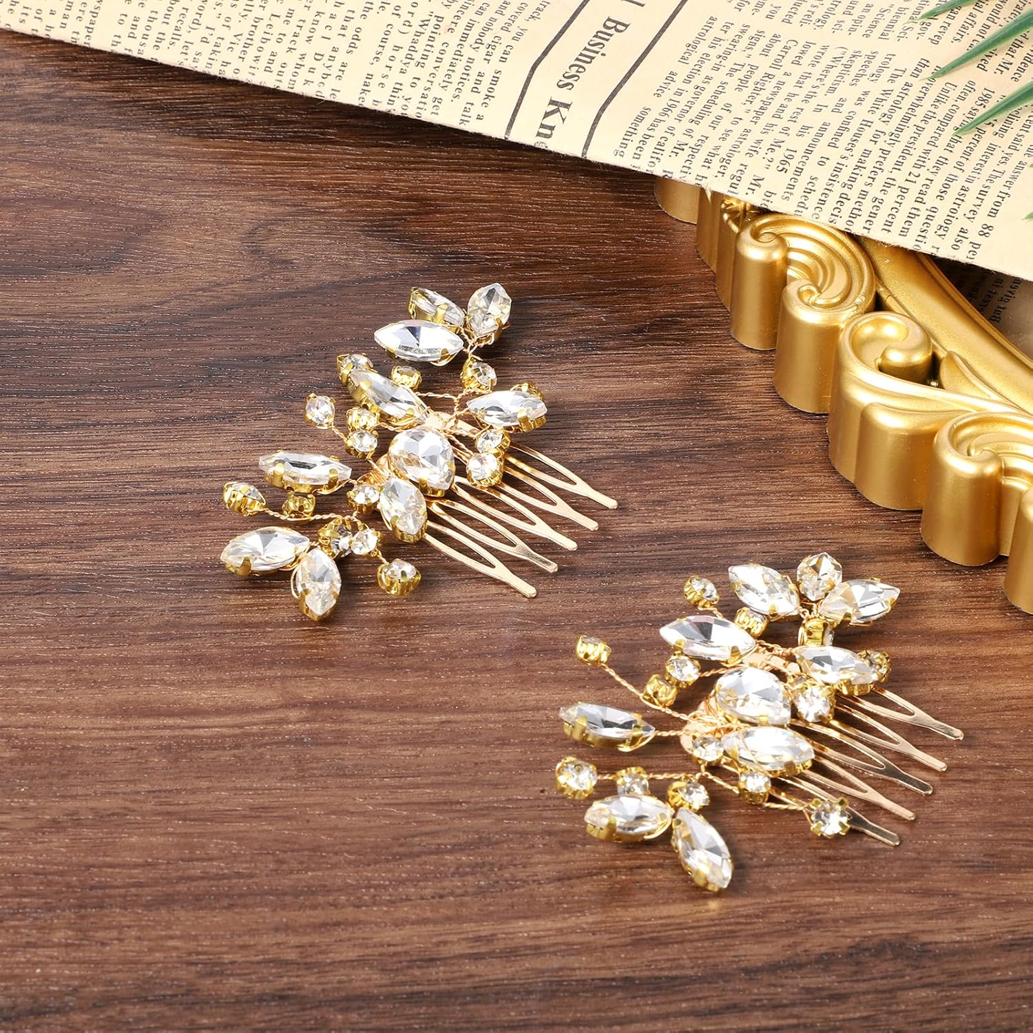 2 Pcs Bridal Hair Comb Gold Hair Piece Accessory Gold Rhinestone Hairs Accessories Golden Hairs Piece Sparkle Metal Crystal Accessories for Bride Bridesmaids Women Girls - Image 3