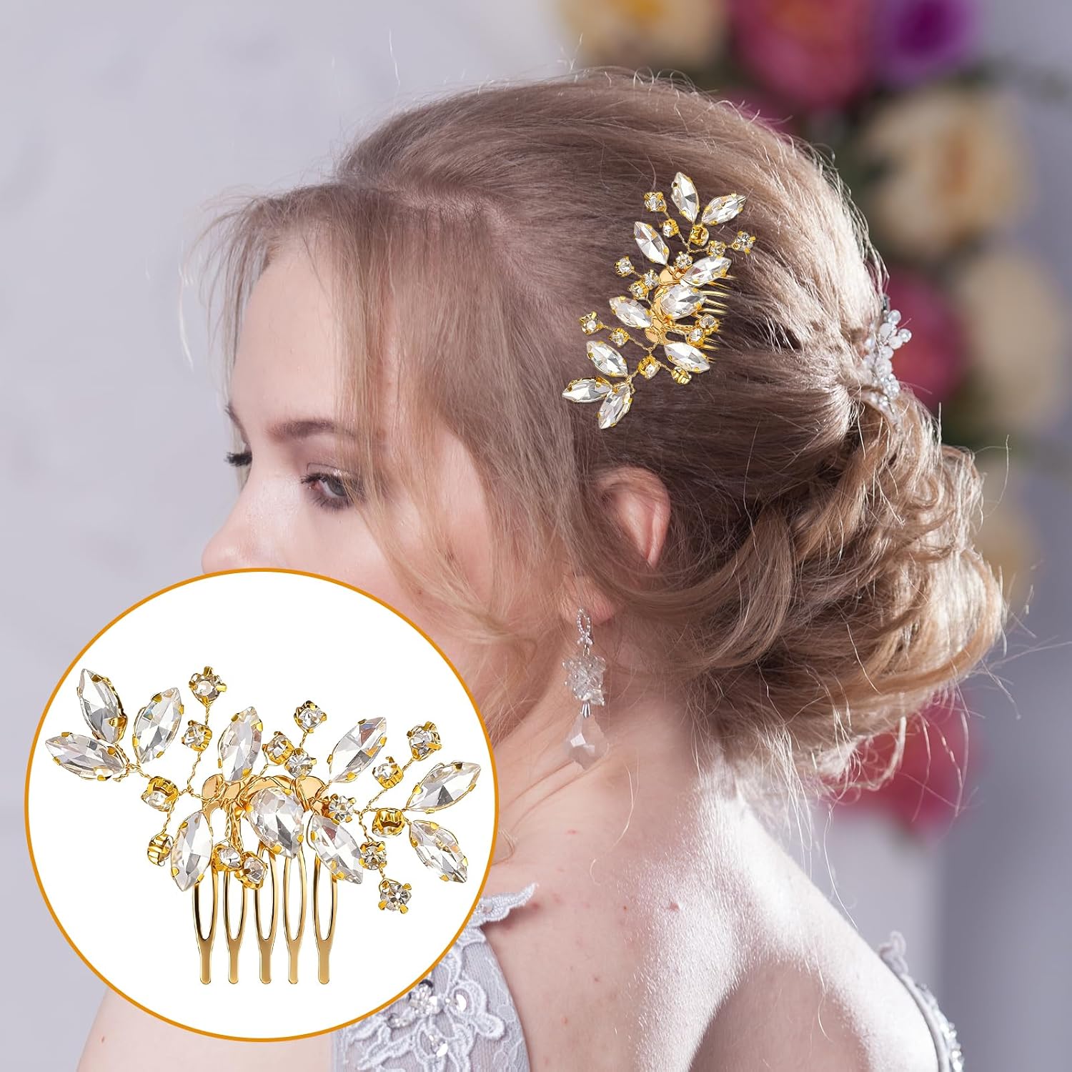 2 Pcs Bridal Hair Comb Gold Hair Piece Accessory Gold Rhinestone Hairs Accessories Golden Hairs Piece Sparkle Metal Crystal Accessories for Bride Bridesmaids Women Girls - Image 5