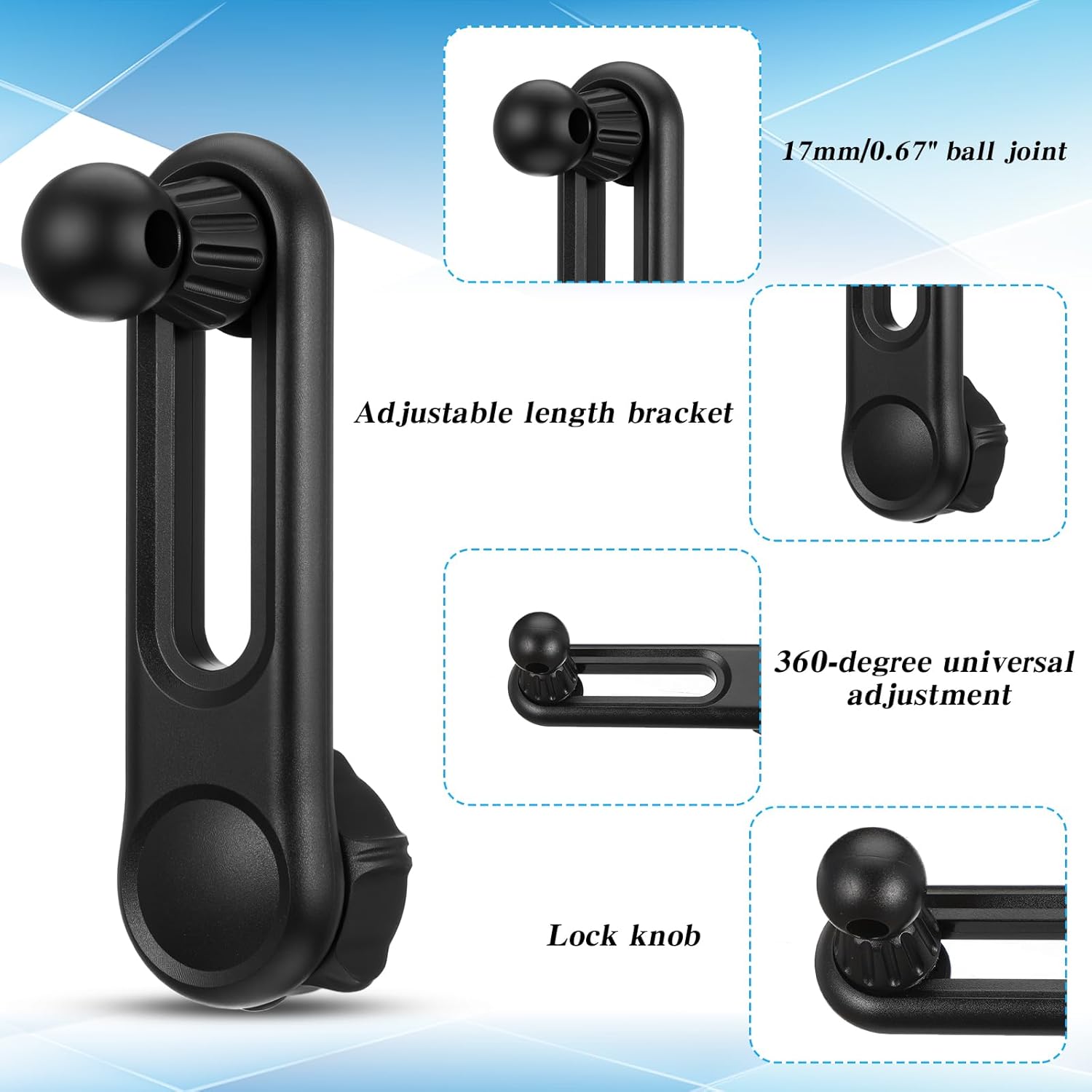 17mm Ball Mount Extension Arm, 360-Degree Rotatable Extender, 2.04 Inch Adjustable Length, Balls Mount Phone Extension Holder Arm 17mm Female to Male Ball Extender for Car Phone Holder, Black - Image 5