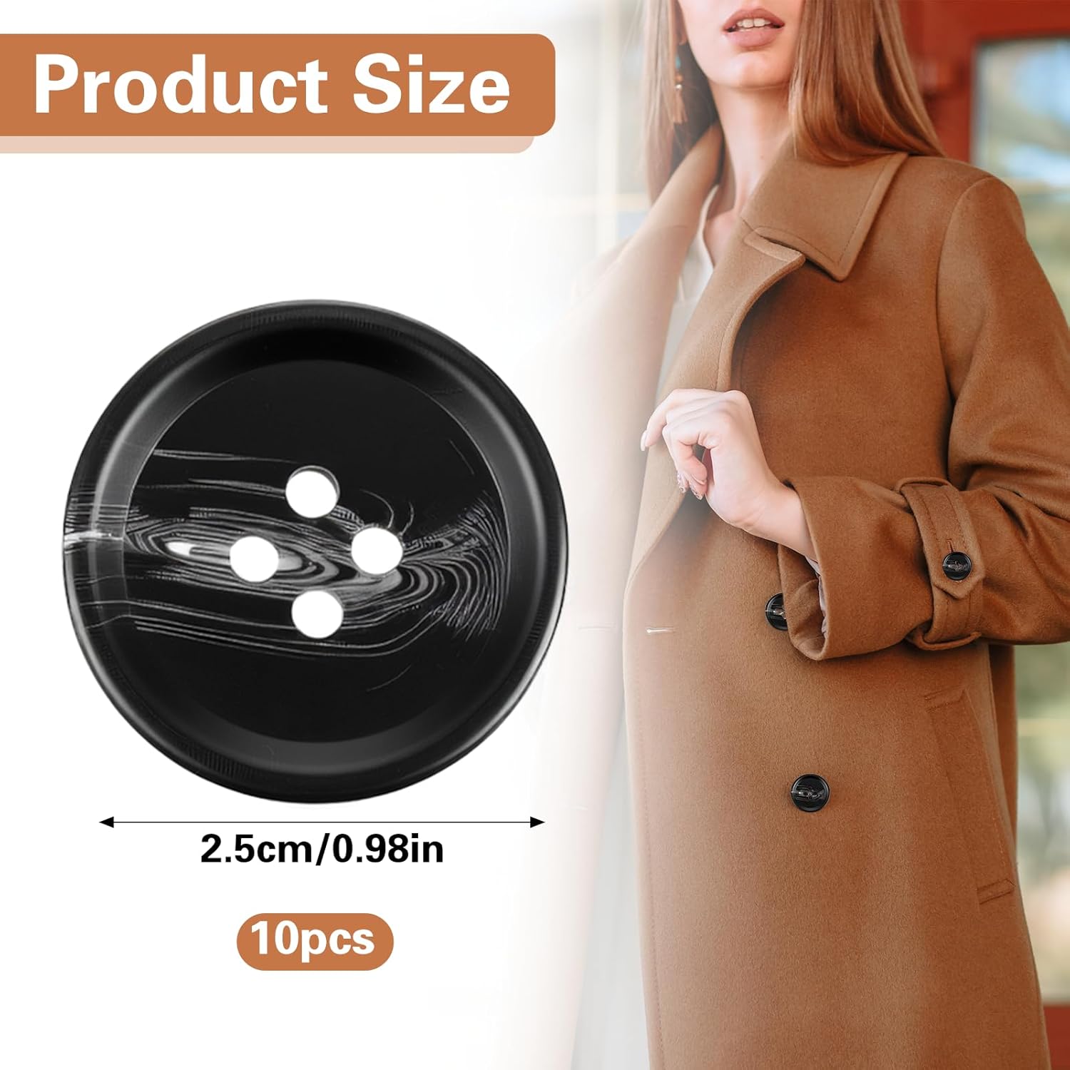 10 Pcs Large Black Buttons 1 Inch Black Buttons for Sewing 4 Hole Flatback 25mm Big Round Resin Coat Button for Crafts, Clothing, Suits, Overcoats, Winter Coats, Jacket, Sewing DIY Art Craft Projects - Image 1
