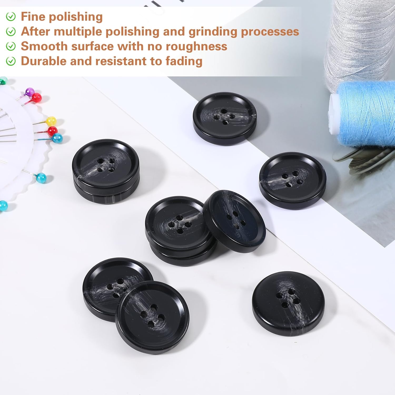 10 Pcs Large Black Buttons 1 Inch Black Buttons for Sewing 4 Hole Flatback 25mm Big Round Resin Coat Button for Crafts, Clothing, Suits, Overcoats, Winter Coats, Jacket, Sewing DIY Art Craft Projects - Image 2