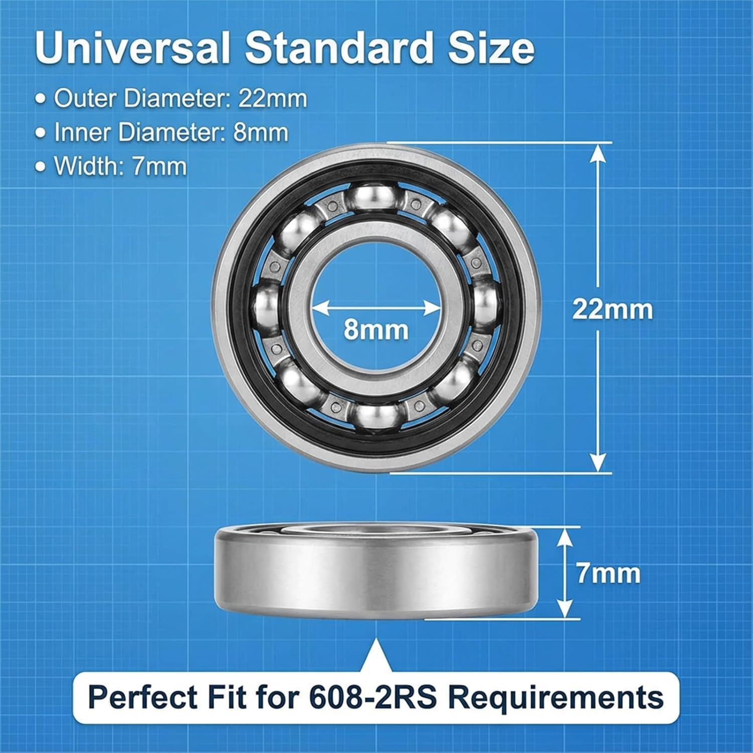 10 Pcs 608-RS Ball Bearing, Double Rubber Sealed Miniature Deep Groove Bearing Steel 608rs Bearings for Skateboards, Inline Skates, Scooters, Roller Blade Skates & Long Boards (8mm x 22mm x 7mm) - Image 1