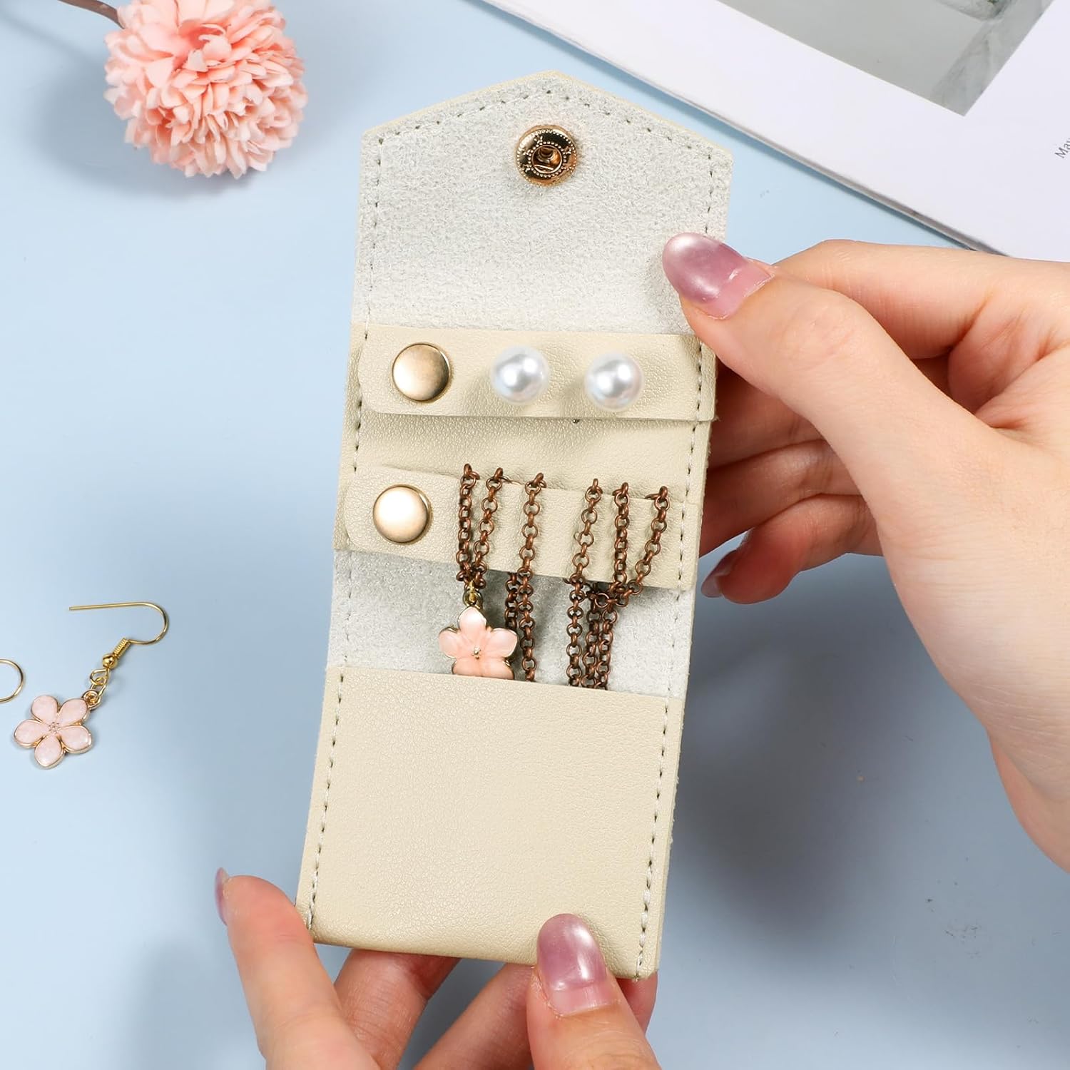 Vin Beauty Mini Travel Jewelry Roll Bag with Buckle, Mini Travel Jewelry Organizer Case, Foldable Multifunctional Small Case, Portable Small Bags Storing Rings, Necklaces, Earrings Apricot - Image 2