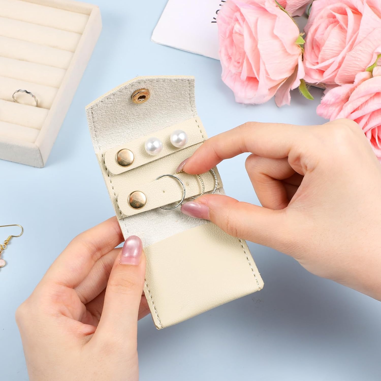 Vin Beauty Mini Travel Jewelry Roll Bag with Buckle, Mini Travel Jewelry Organizer Case, Foldable Multifunctional Small Case, Portable Small Bags Storing Rings, Necklaces, Earrings Apricot - Image 6