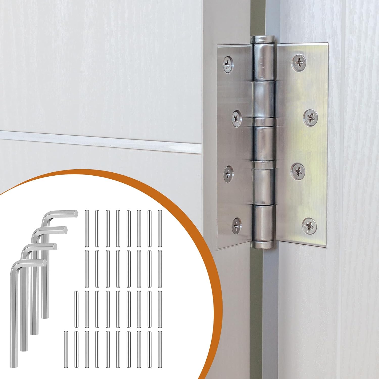 Self Closing Door Hinges Tension Pin Replacement Kit, 35pcs Stainless Steel Shelf Pins and 4pcs Hex Wrenches, Metal Dowel Pegs Shelf Support Pins for Automatic Closing of Door Hinges on Garage Doors - Image 5