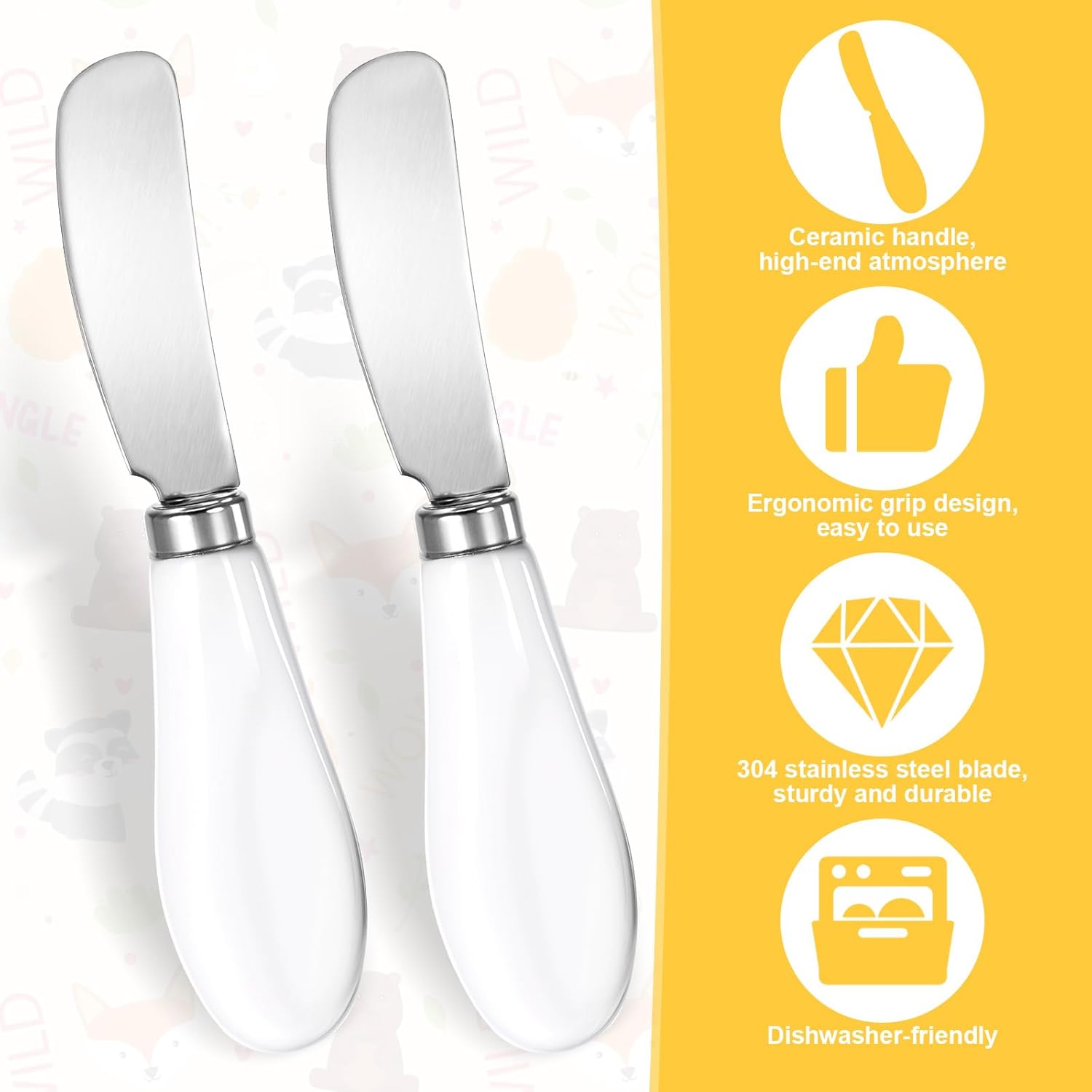 2 Pack Stainless Steel Butter Spreader Knife, Cheese Spreader Knives Porcelain Handle Butter Spreader Small Butter Knife Cheese Spreaders for Appetizers Dips Charcuterie Cheese Pastry Utensils Making - Image 2