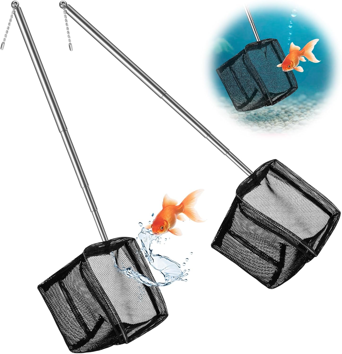 2 Pack 3 Inch Aquarium Net Small Fish Net Black Aquarium Shrimp Nets with Extendable Stainless Steel Handle Fine Tank Tool Mesh for Shrimp, Baby Fish, Food Residue Debris Skimming - Image 1