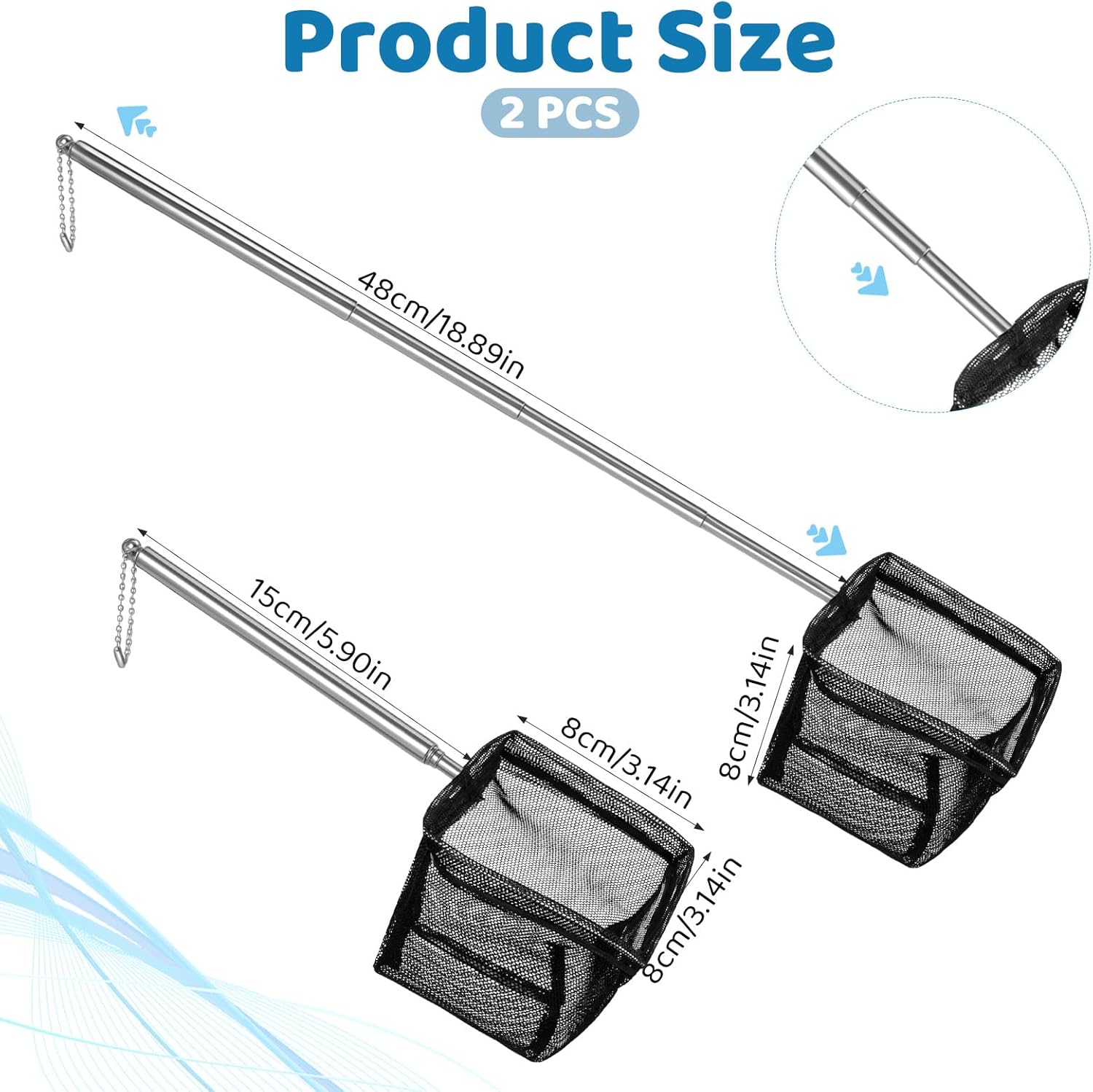 2 Pack 3 Inch Aquarium Net Small Fish Net Black Aquarium Shrimp Nets with Extendable Stainless Steel Handle Fine Tank Tool Mesh for Shrimp, Baby Fish, Food Residue Debris Skimming - Image 2