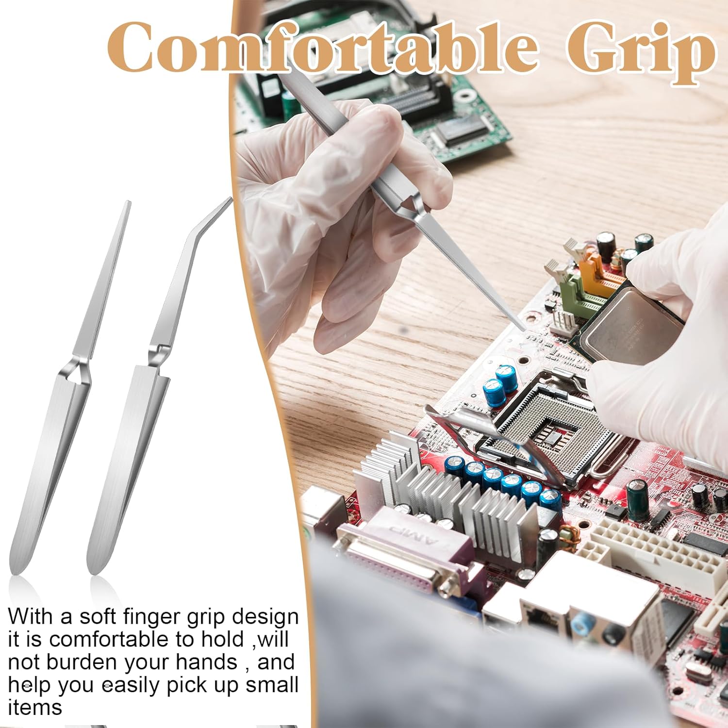 Reverse Tweezers for Crafting, 2 Pcs Rubber Tipped Tweezers Electronics Tweezer Stainless Steel Bent and Straight Flat Tip Cross Locking Precision Tweezer Set for Crafts Jewelry Beads Coins Electronic - Image 3