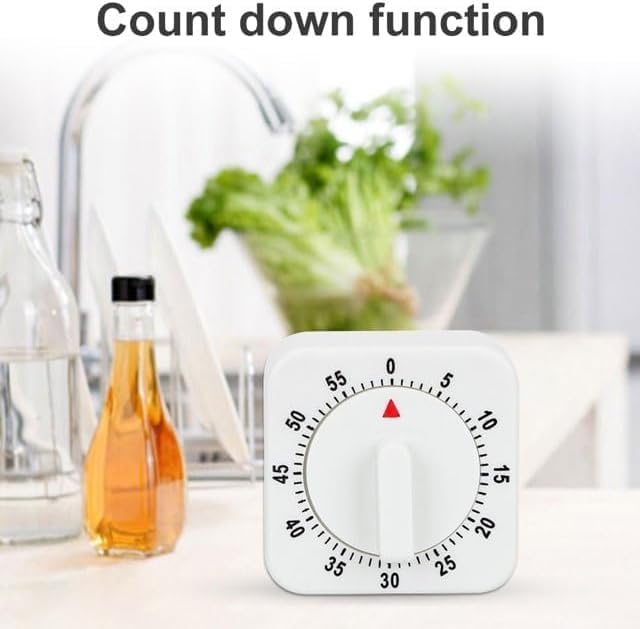 White Timer Clock Square 60-Minute Mechanical Kitchen Timer Wind up Visual Cooking Clock with Loud Alarm No Batteries Required Ideal for Cooking Baking and Kitchen - Image 3