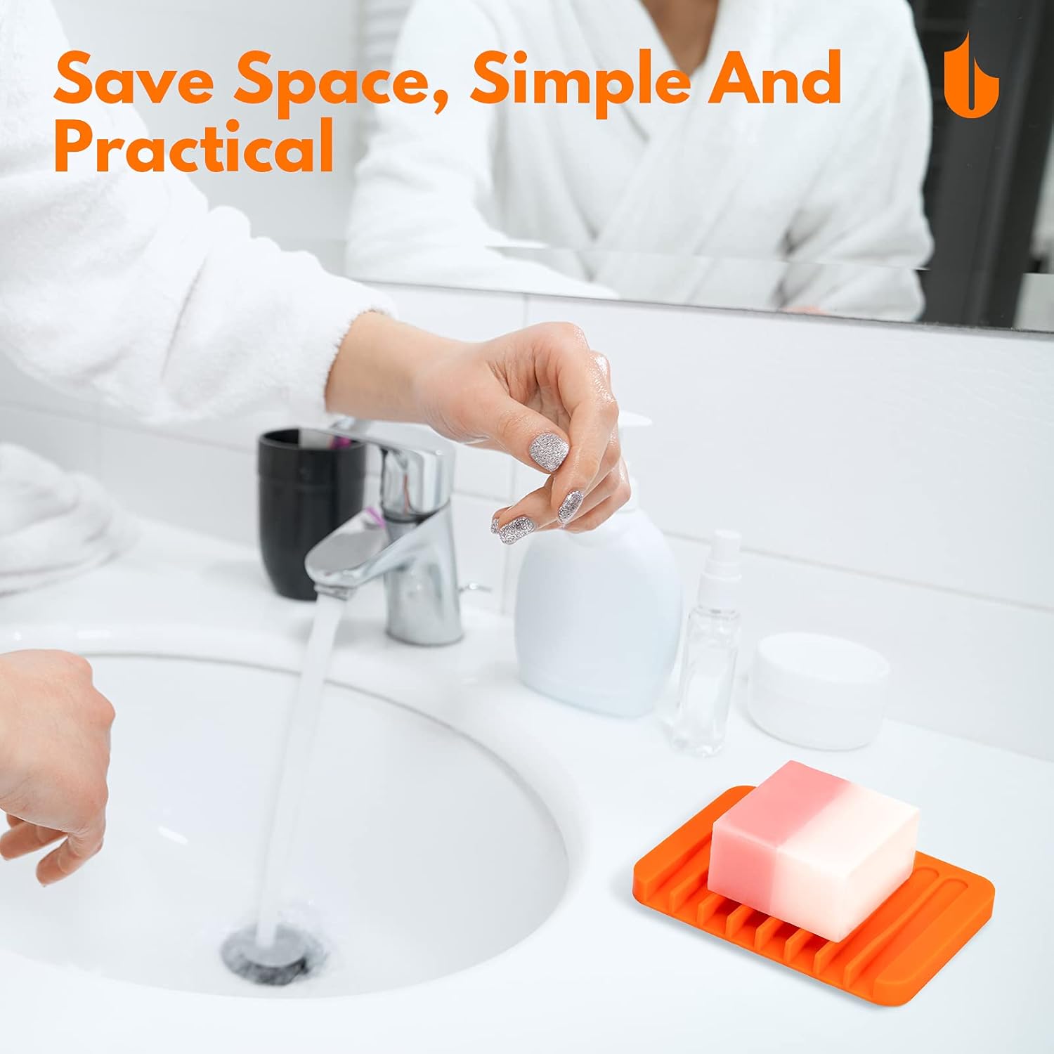 Soap Dish Shower Waterfall Soap Tray Holder for Bathroom, Kitchen, Counter Top, Flexible Silicone, Keep Soap Bars Dry, Easy Cleaning - Orange - Image 3