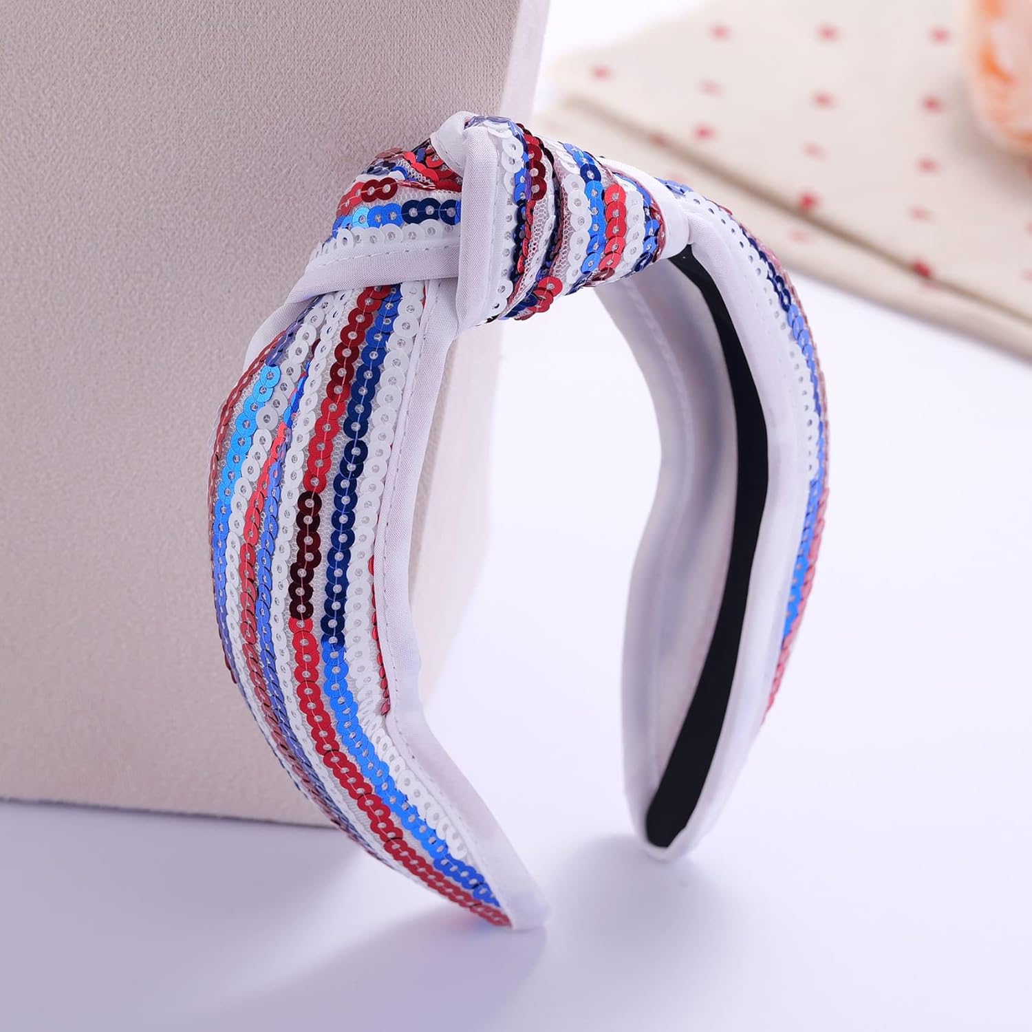 Kvekstio 4th of July Patriotic Headband for Women, Red White Blue American Flag Sequin Knotted Head Band Memorial Day Celebration Gift, Independence Day Festival Party USA Costume Hair Accessories - Image 1