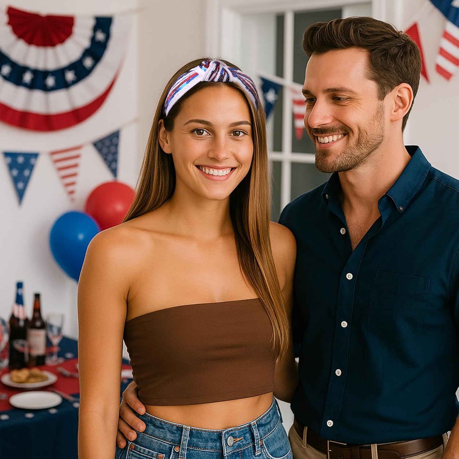 Kvekstio 4th of July Patriotic Headband for Women, Red White Blue American Flag Sequin Knotted Head Band Memorial Day Celebration Gift, Independence Day Festival Party USA Costume Hair Accessories - Image 4