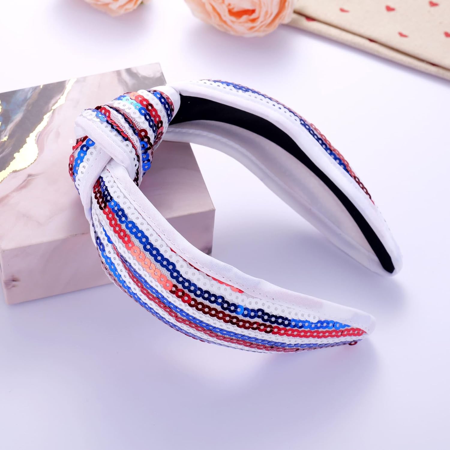Kvekstio 4th of July Patriotic Headband for Women, Red White Blue American Flag Sequin Knotted Head Band Memorial Day Celebration Gift, Independence Day Festival Party USA Costume Hair Accessories - Image 7