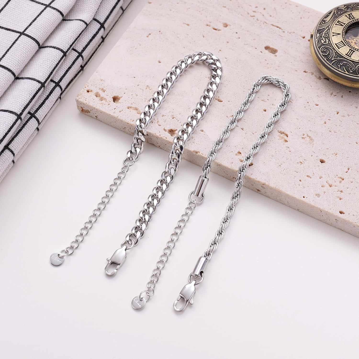 Kvekstio 2 Pieces Mens Sterling Silver Figaro Cuban Chain Bracelet Gift for Husband Boyfriend, Adjustable Cuban Link Bracelet - Image 1