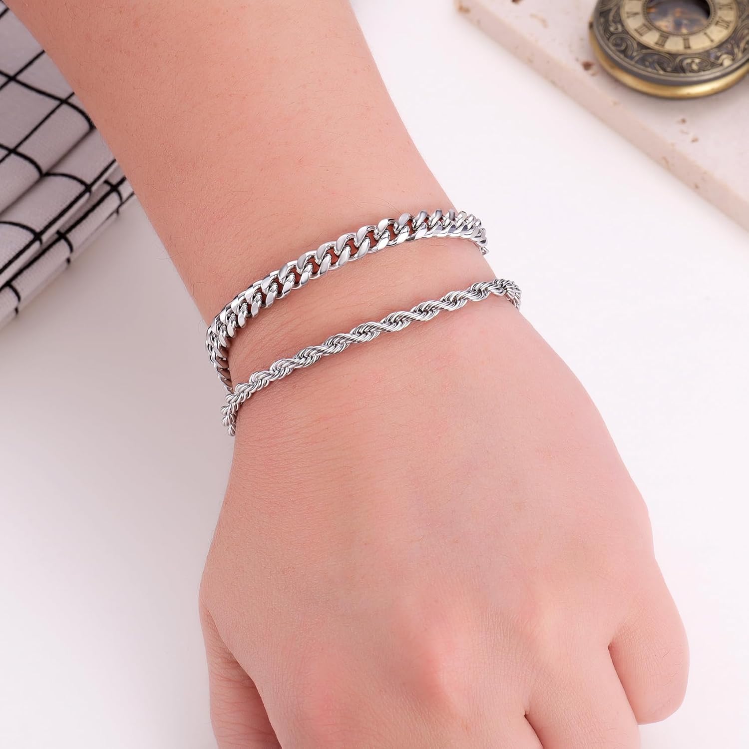 Kvekstio 2 Pieces Mens Sterling Silver Figaro Cuban Chain Bracelet Gift for Husband Boyfriend, Adjustable Cuban Link Bracelet - Image 2