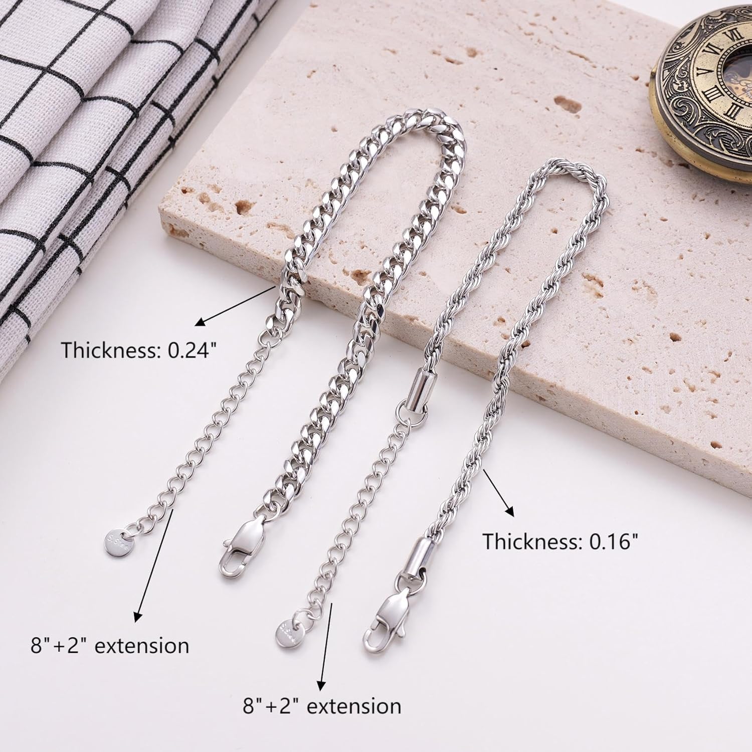Kvekstio 2 Pieces Mens Sterling Silver Figaro Cuban Chain Bracelet Gift for Husband Boyfriend, Adjustable Cuban Link Bracelet - Image 5