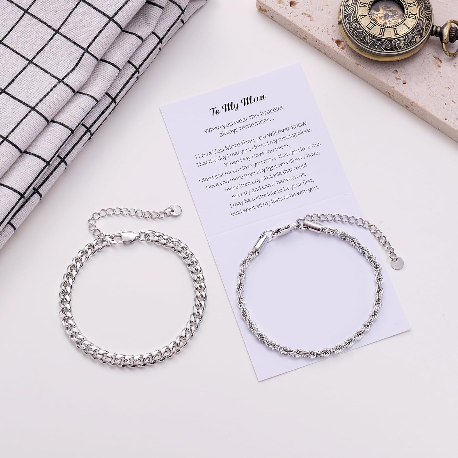 Kvekstio 2 Pieces Mens Sterling Silver Figaro Cuban Chain Bracelet Gift for Husband Boyfriend, Adjustable Cuban Link Bracelet - Image 6