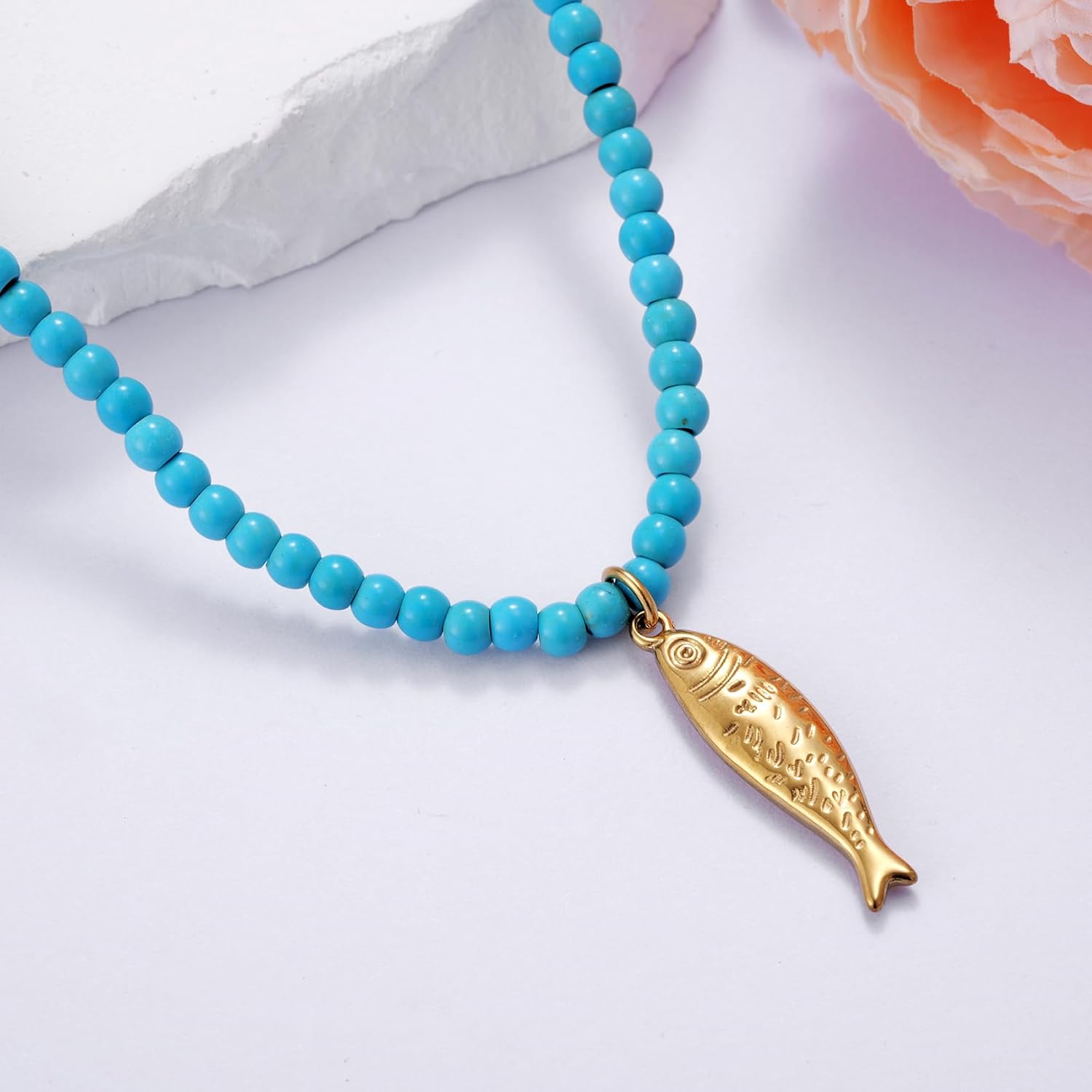 Kvekstio Turquoise Beaded Choker Necklace for Women, Gold Fish Pendant Necklace with Gold Chain, Elegant Boho Beach Summer Gift - Image 1