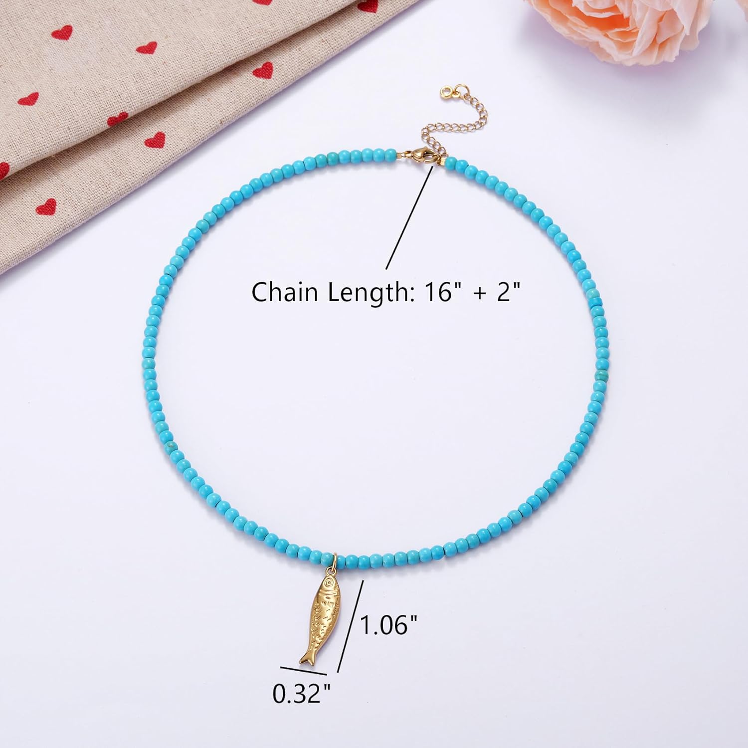 Kvekstio Turquoise Beaded Choker Necklace for Women, Gold Fish Pendant Necklace with Gold Chain, Elegant Boho Beach Summer Gift - Image 2