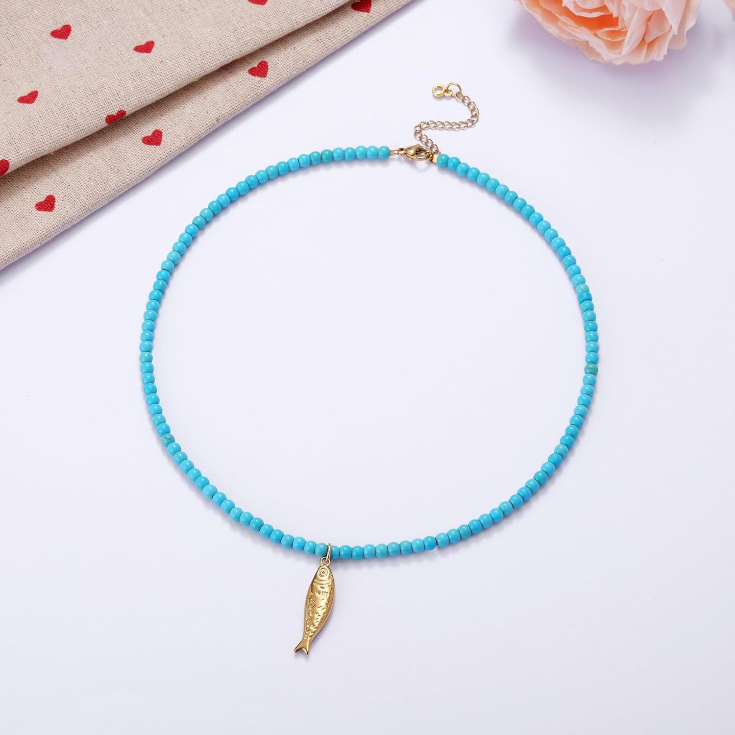 Kvekstio Turquoise Beaded Choker Necklace for Women, Gold Fish Pendant Necklace with Gold Chain, Elegant Boho Beach Summer Gift - Image 7