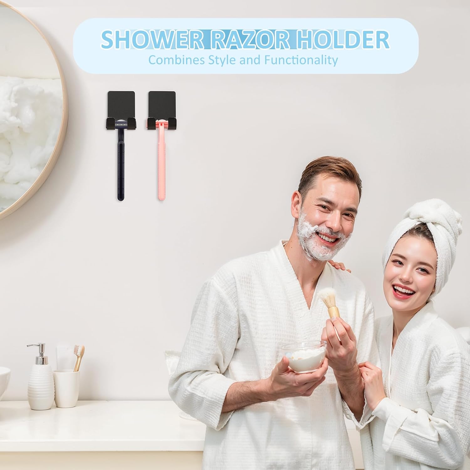 Shower Wall Razor Holder, Metal Adhesive Razor Hooks for His and Hers, Waterproof, Black, 2 Pcs - Image 2