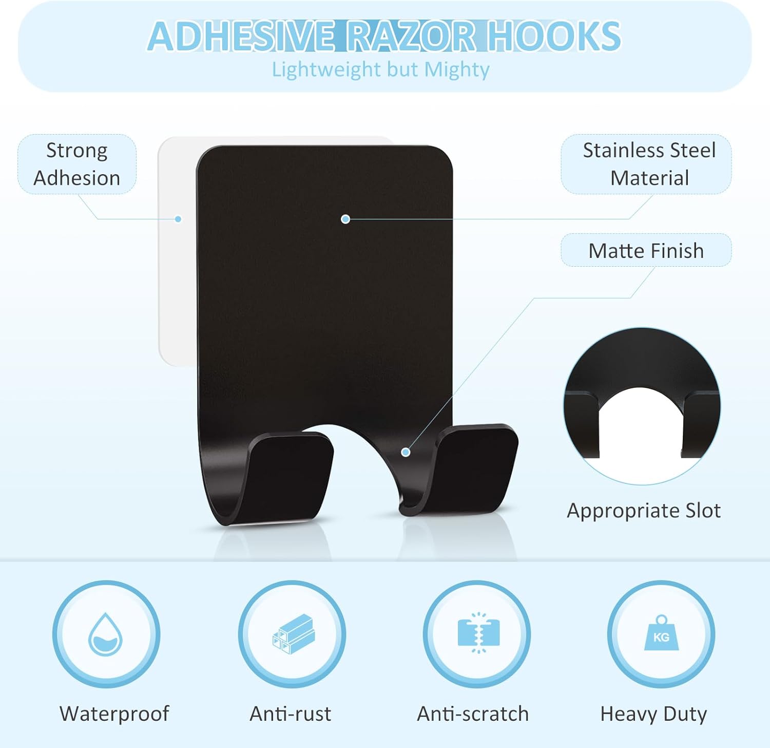 Shower Wall Razor Holder, Metal Adhesive Razor Hooks for His and Hers, Waterproof, Black, 2 Pcs - Image 3