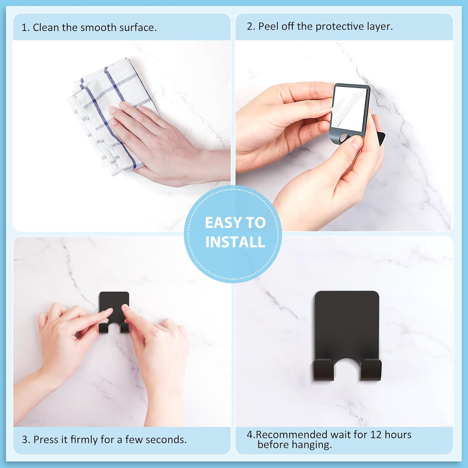Shower Wall Razor Holder, Metal Adhesive Razor Hooks for His and Hers, Waterproof, Black, 2 Pcs - Image 6