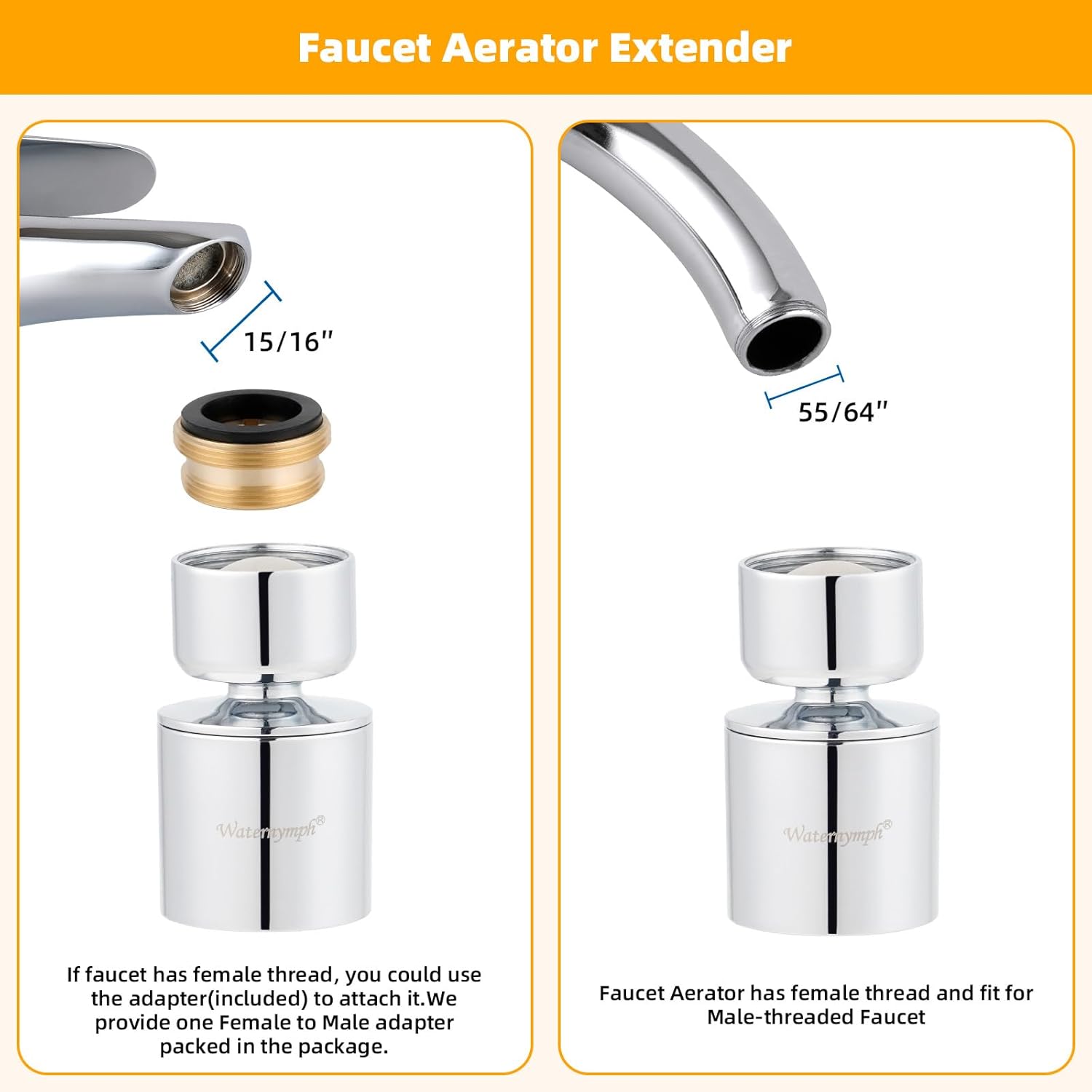 Dual-function 2-Flow Faucet Aerator, Water Saving Swivel Aerator with 2 Sprayer - Faucet Parts Replacement - 55/64 Inch-27UNS Female Thread - Chrome - Image 3