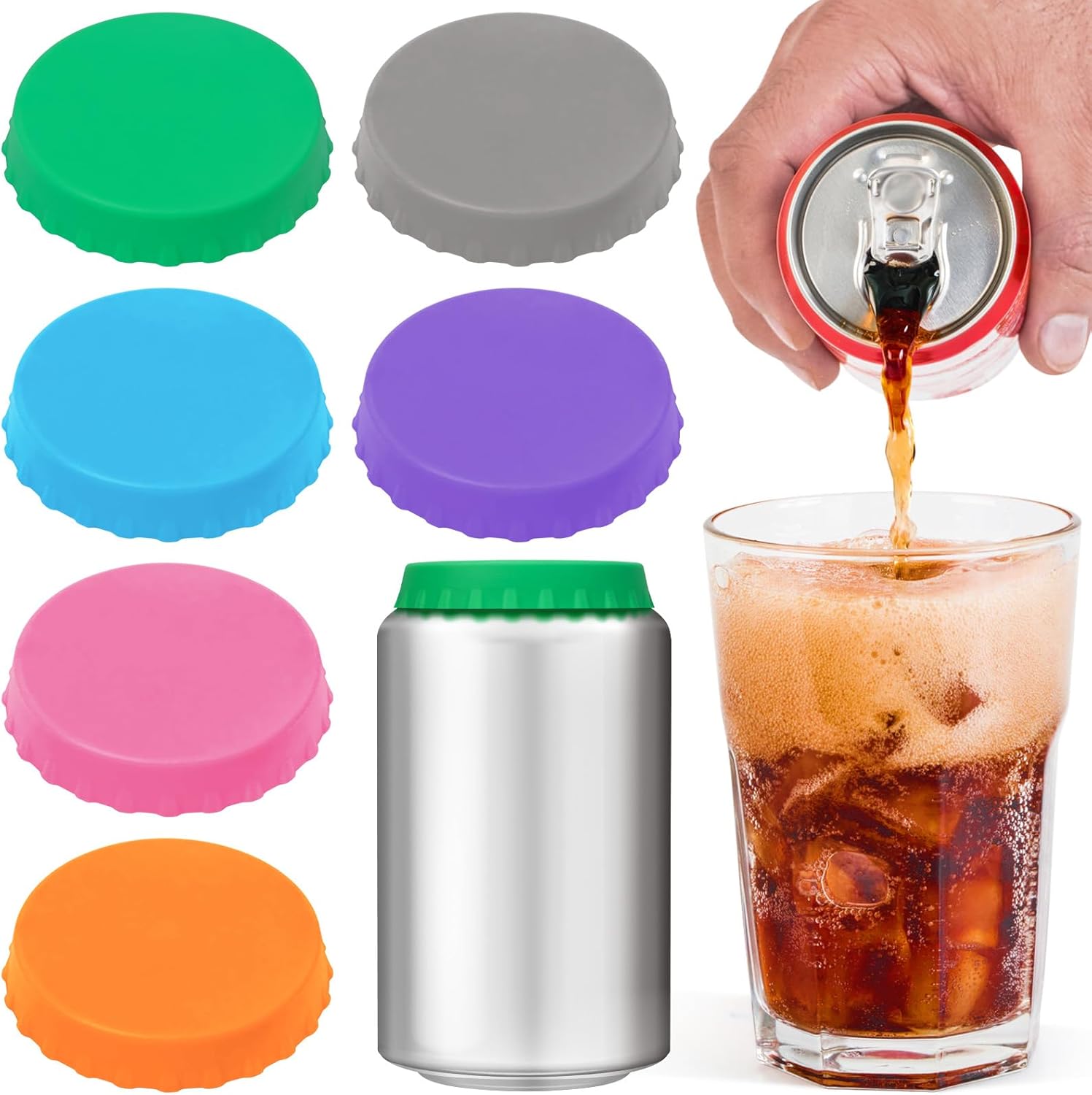 6 Pack Silicone Soda Can Cover Lids, Reusable Soda Can Lids Beer Can Covers Pop Can Covers, BPA Free Silicone Can Cover, Stopper and Protector for Soda, Beer, Beverage, Juice, Coke, Fits Standard Cans - Image 1