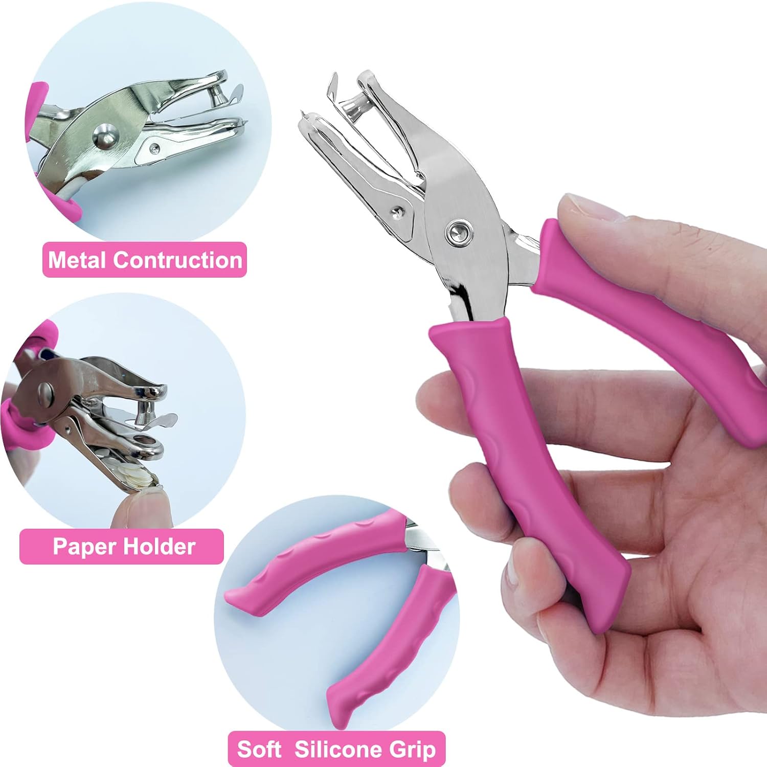 Single Hole Punch 1/4” Paper Hole Puncher for Crafts, One Hole Punch with Pink Soft Grip Handle, Small Hole Punchs or Kids and Adults, Handheld Circle Punch for Paper Crafts in Home, Office,Classroom - Image 3