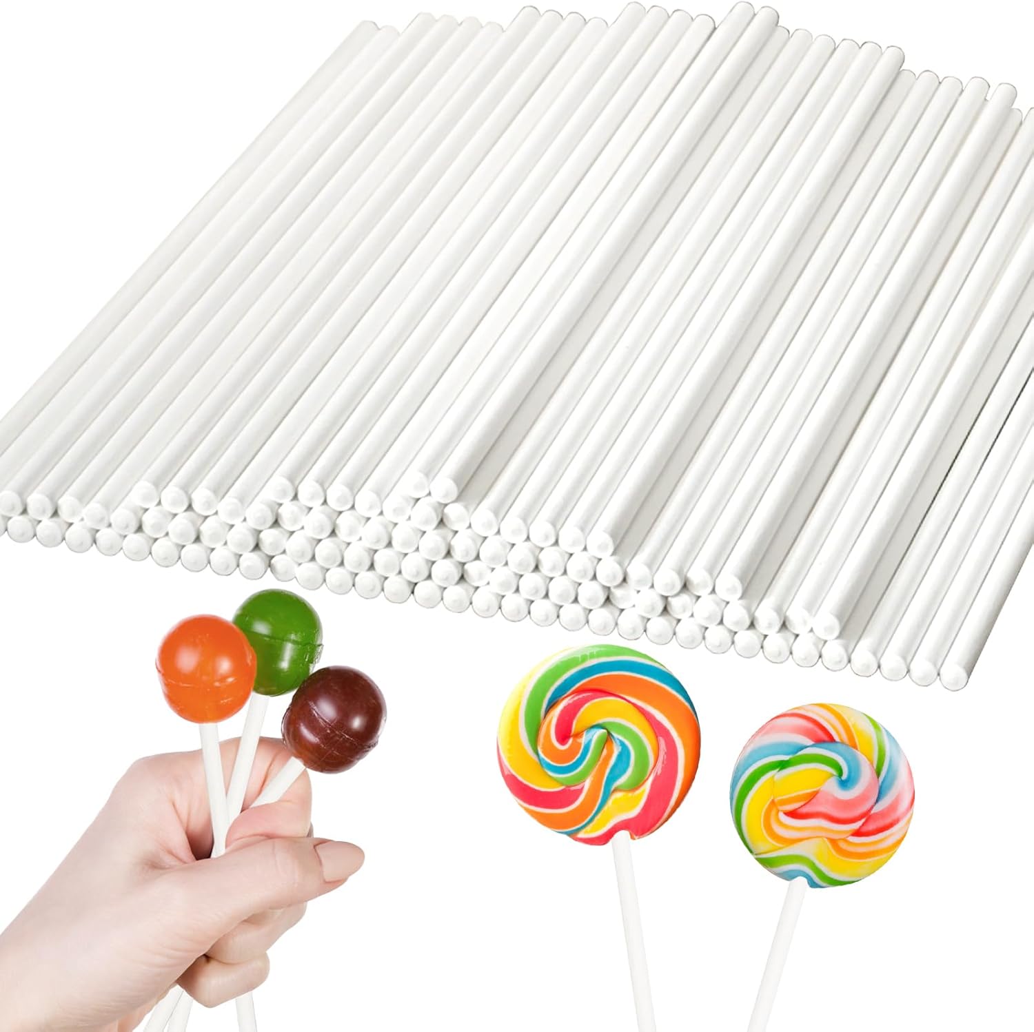 100 Pack 8 Inch White Lollipop Sticks,Long Paper Treat Sticks,White Paper Cake Pop Stick for Homemade Candy,Cupcake Toppers,Chocolate,Dessert (Dia 4mm) - Image 1