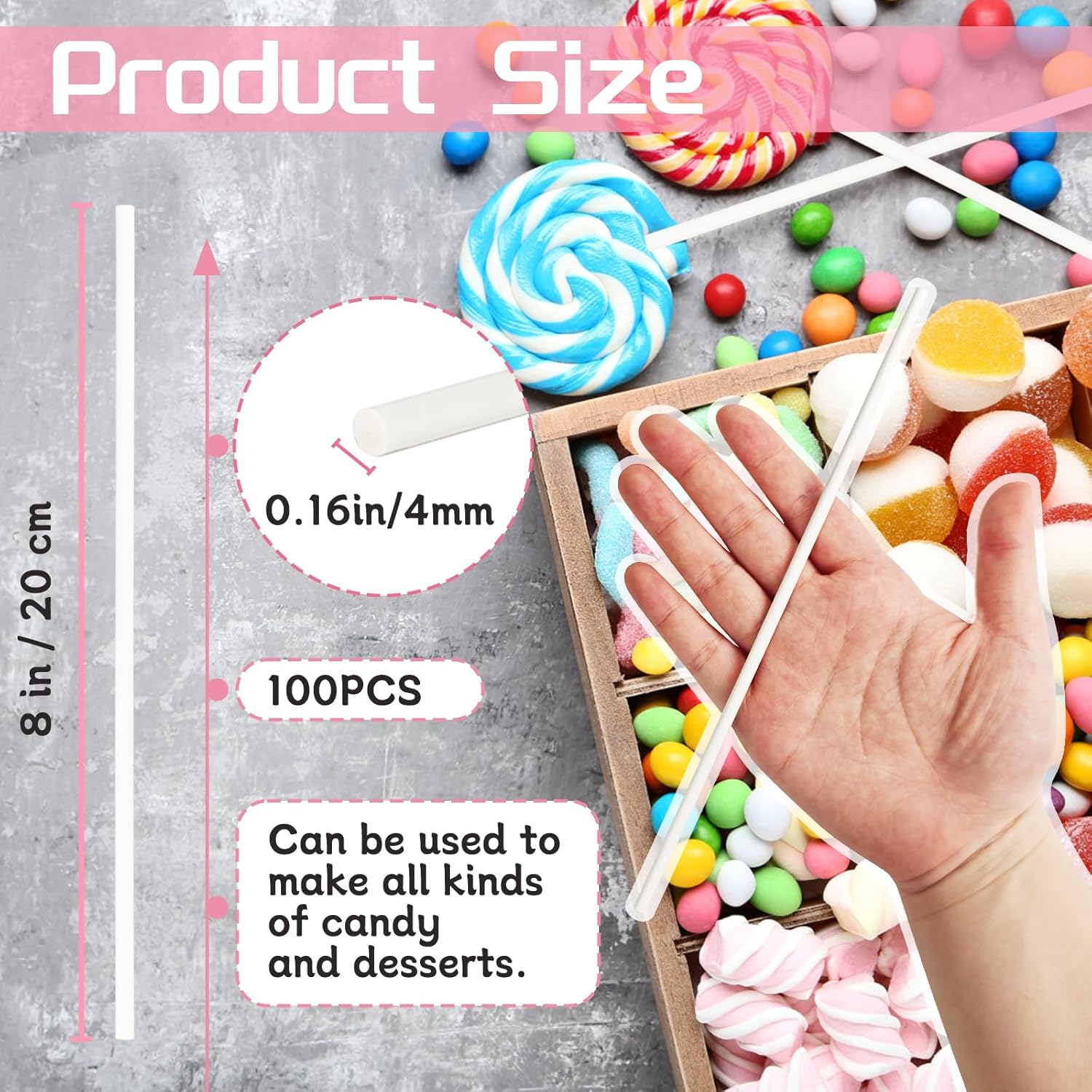 100 Pack 8 Inch White Lollipop Sticks,Long Paper Treat Sticks,White Paper Cake Pop Stick for Homemade Candy,Cupcake Toppers,Chocolate,Dessert (Dia 4mm) - Image 2