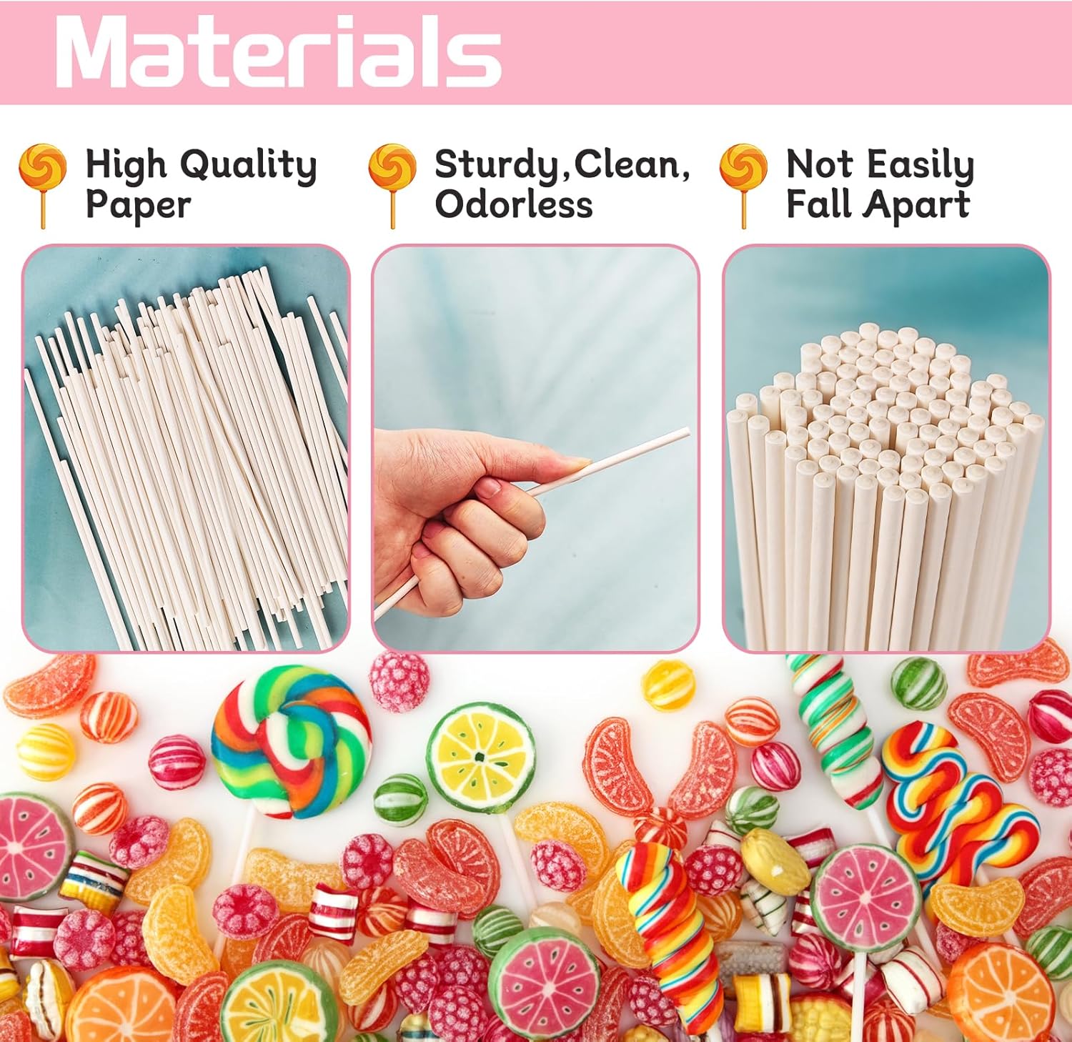 100 Pack 8 Inch White Lollipop Sticks,Long Paper Treat Sticks,White Paper Cake Pop Stick for Homemade Candy,Cupcake Toppers,Chocolate,Dessert (Dia 4mm) - Image 3