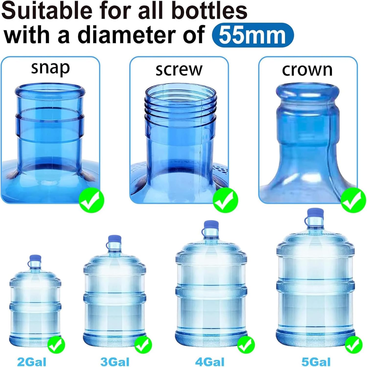 3 & 5 Gallon Water Jug Cap Reusable, Food Grade Silicone Replacement Gallon Caps for 55mm Standard/Screw/Crown Tops Water Bottle and Water Dispensers, Non-Spill Lids for Anti-Splash, Leak Free (3PCS) - Image 2